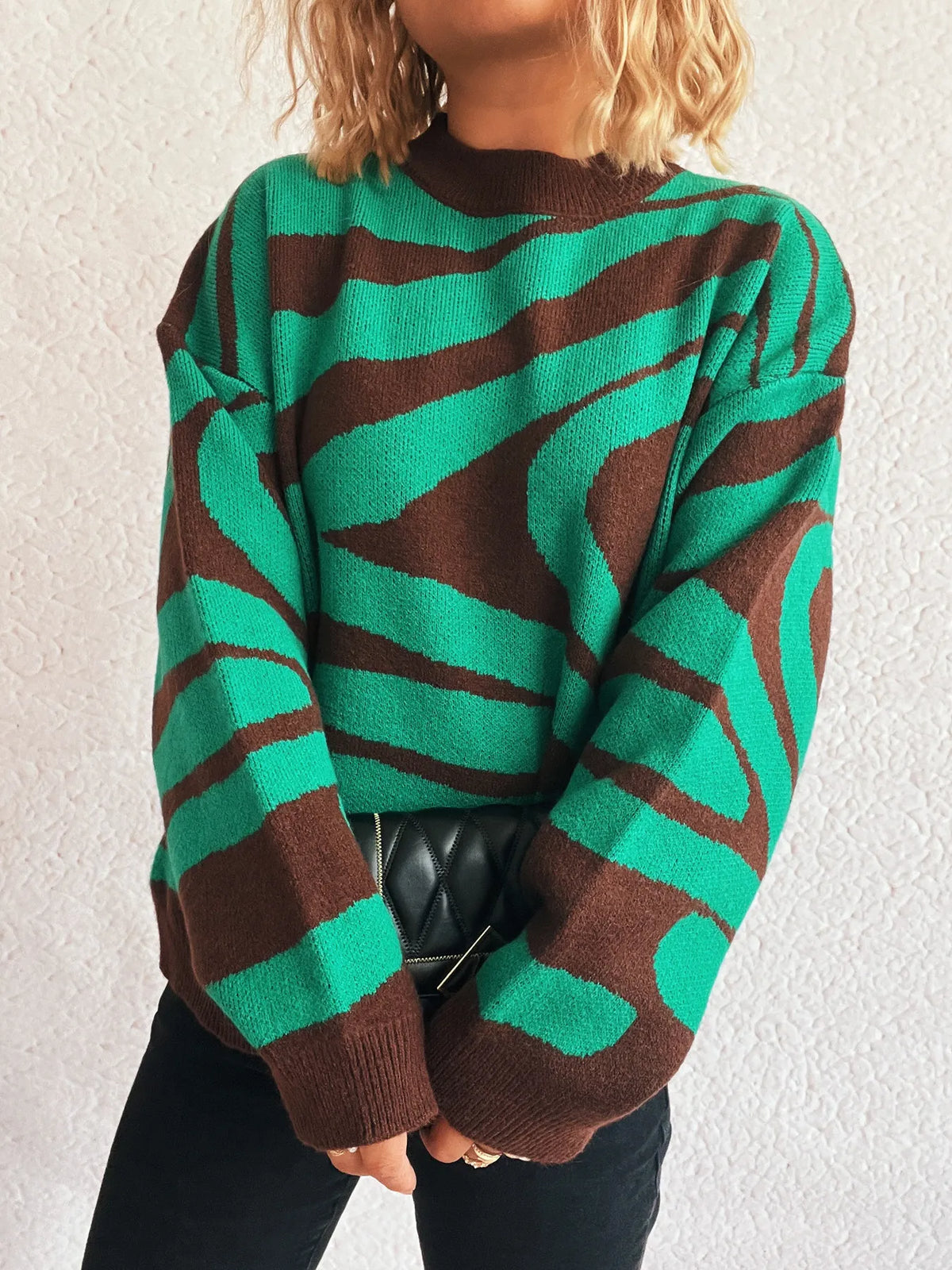 Zebra Print Round Neck Sweater - Rose Pink