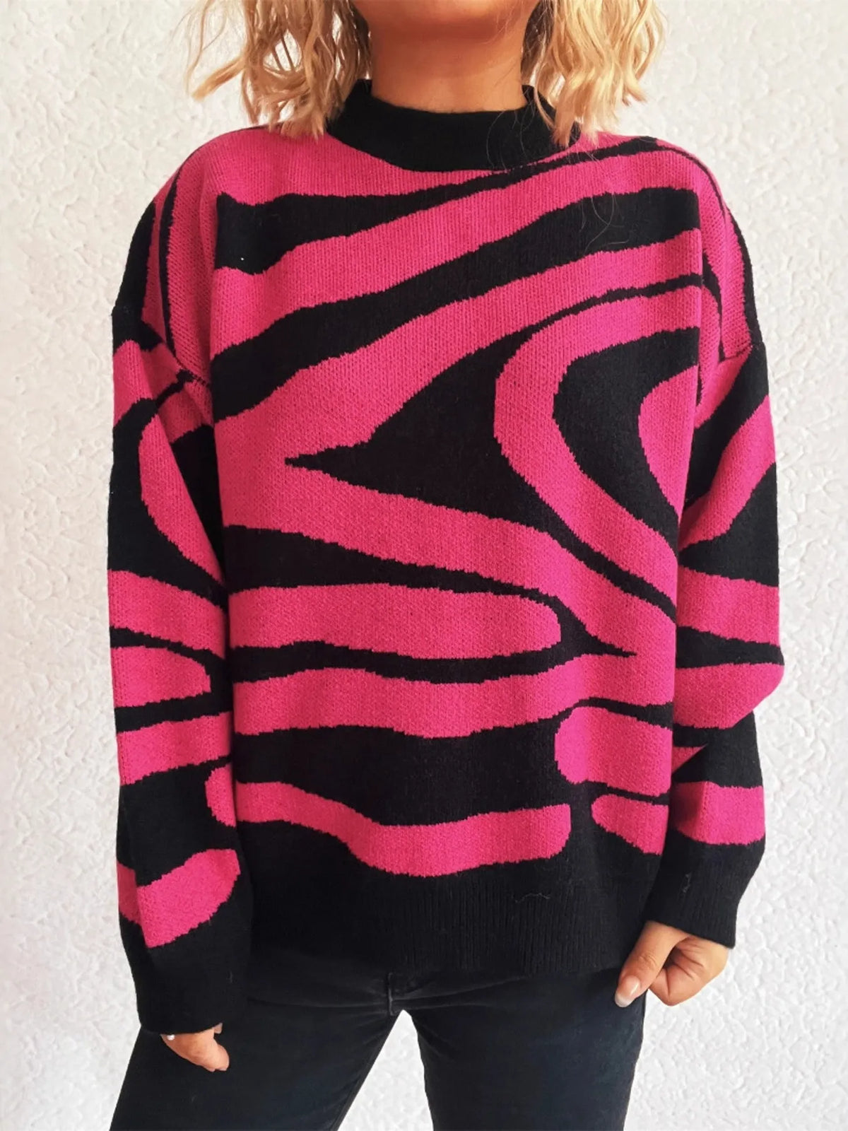 Zebra Print Round Neck Sweater - Green