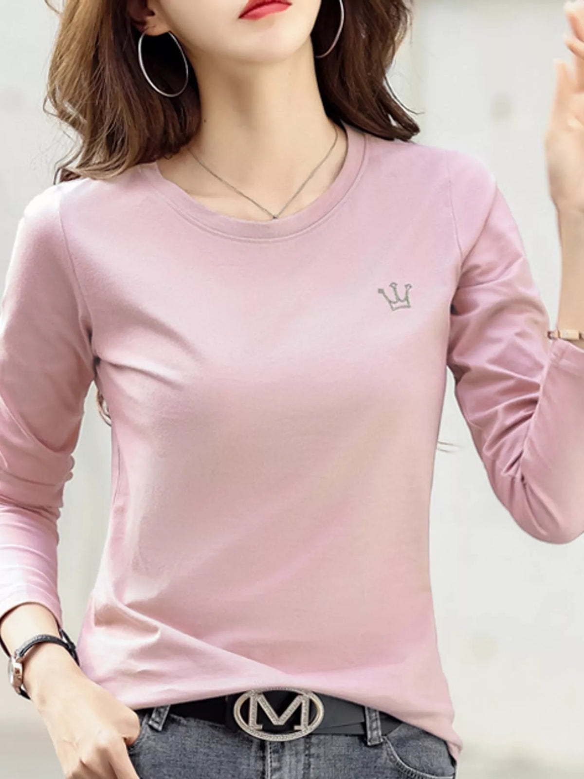 Full Size Crown Long Sleeve T-Shirt Plus Size - Pink