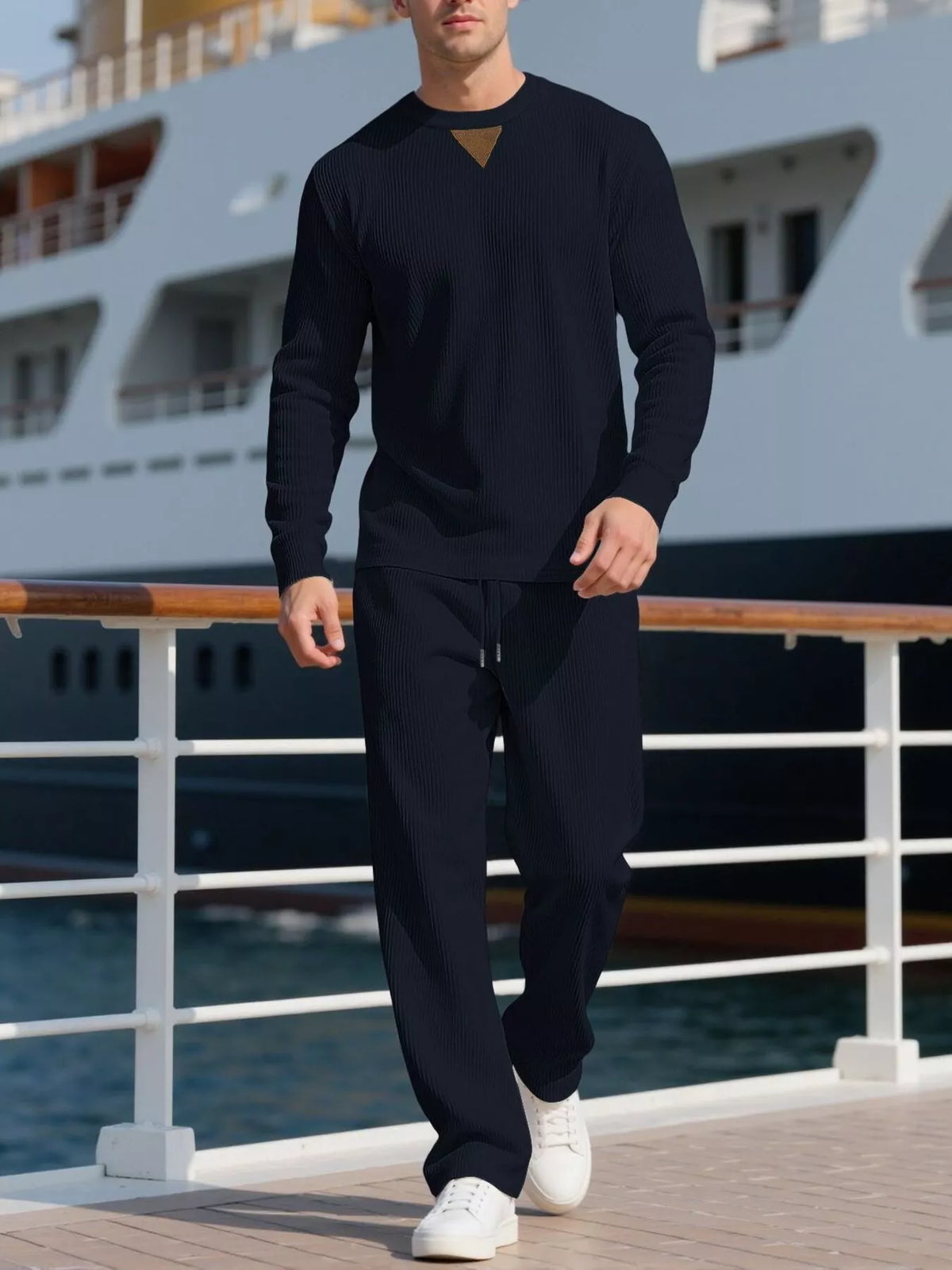 Men's Full Size Casual Crewneck Long Sleeve Sweatshirt and Jogger Set Plus Size - Navy Blue