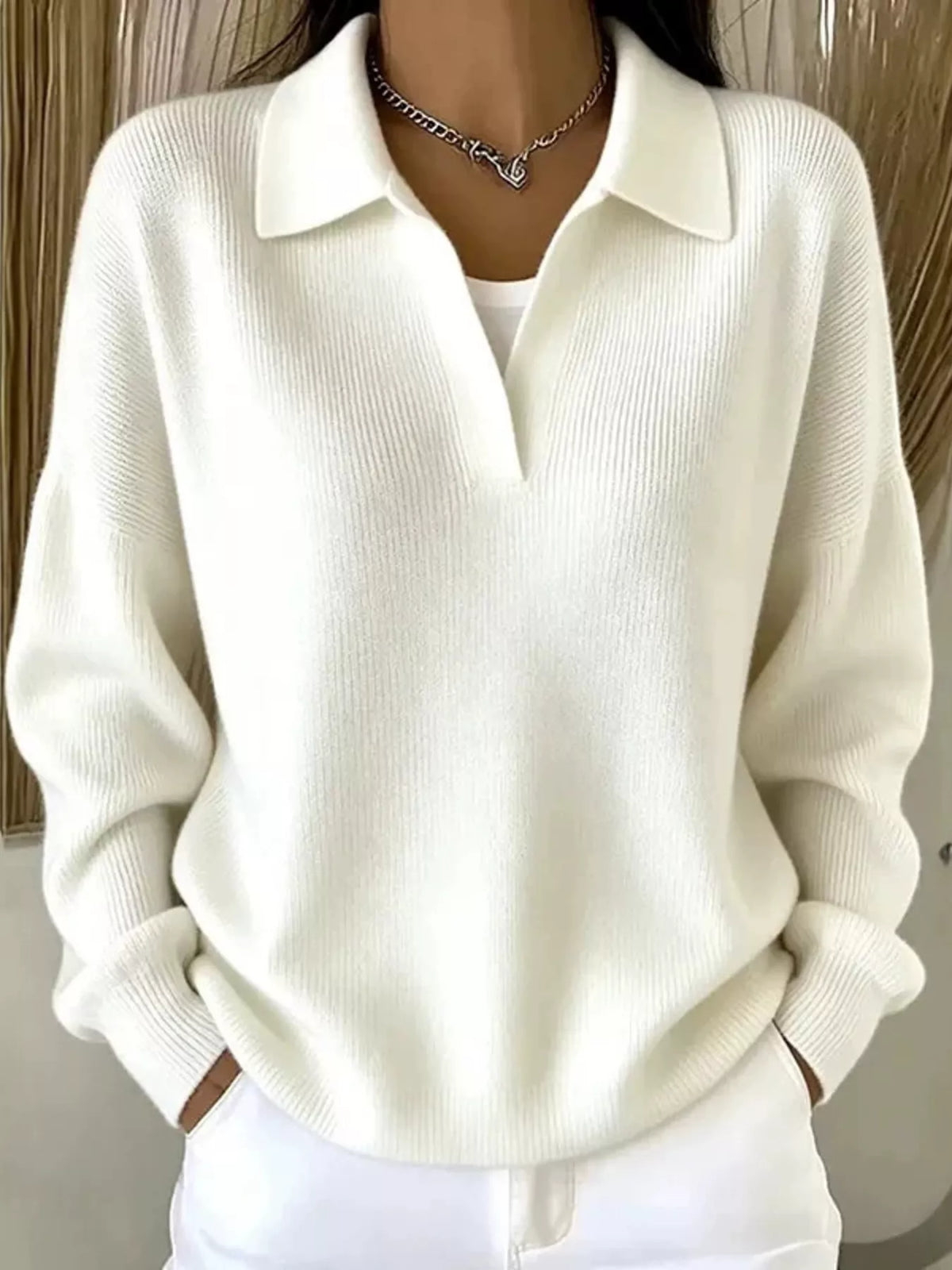 Ribbed Knit Polo Collar Sweater - White