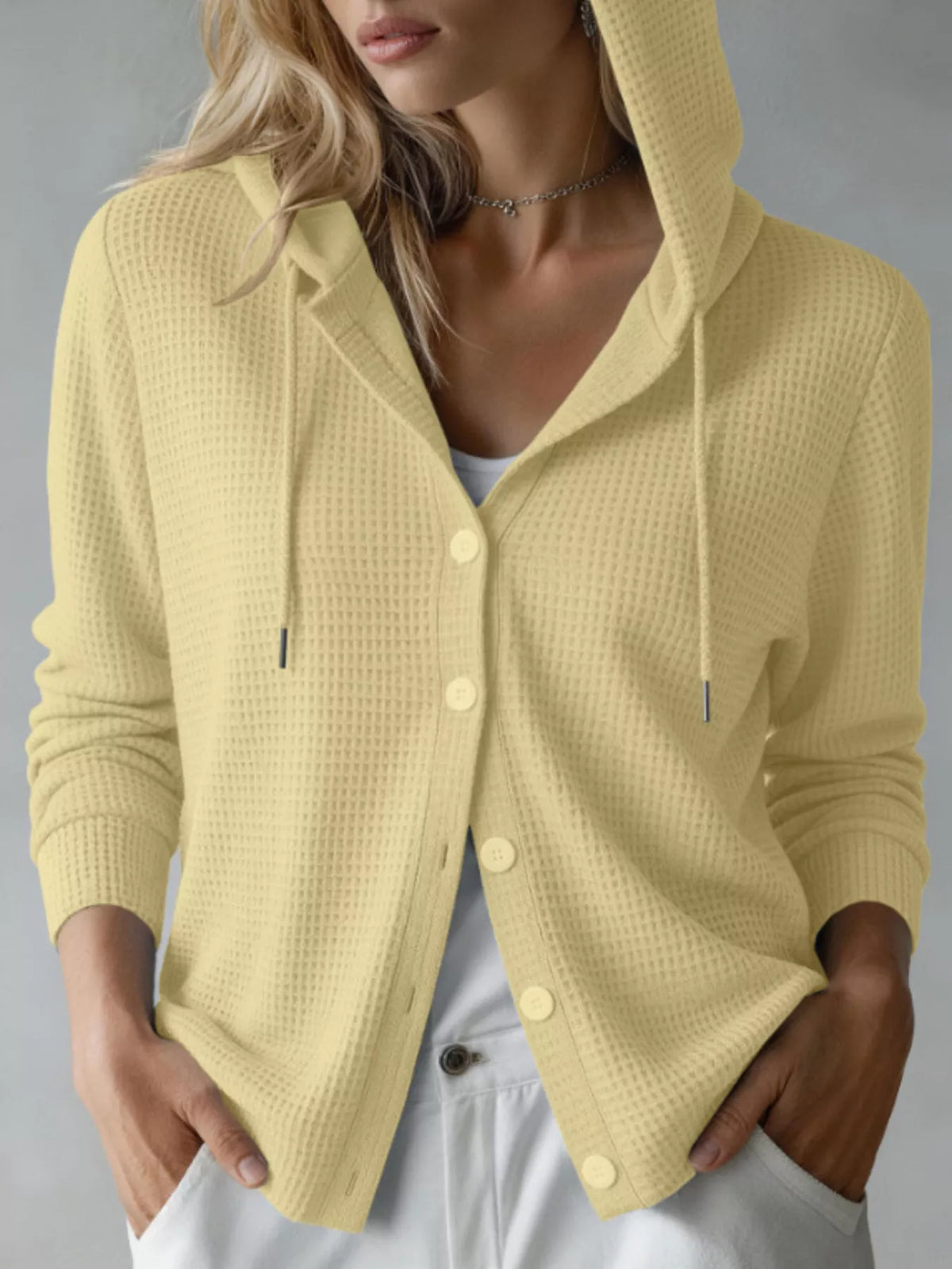 Waffle Knit Button-Down Hooded Cardigan - Yellow