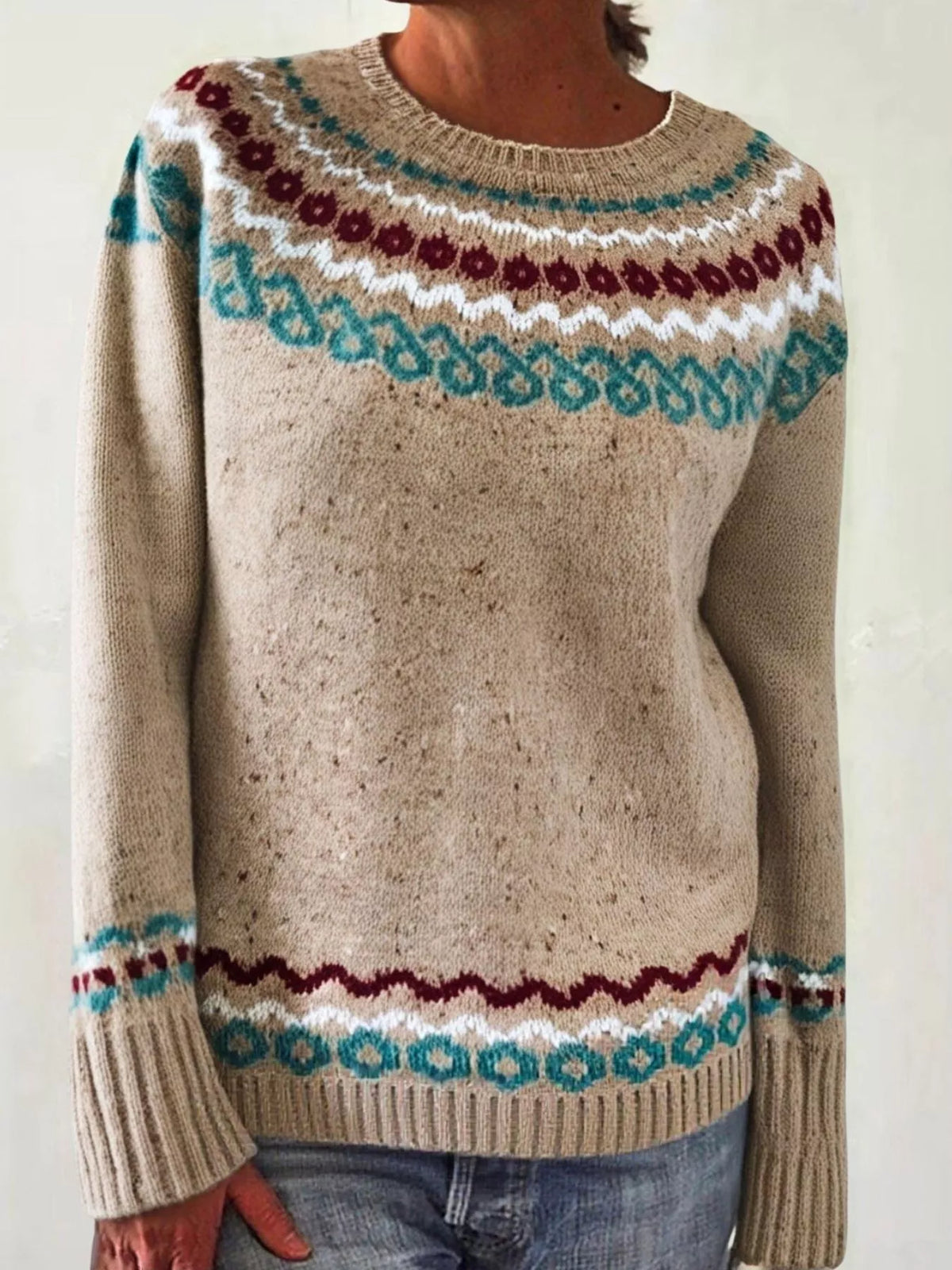 Full Size Vintage Patterned Round Neck Sweater Plus Size - Khaki