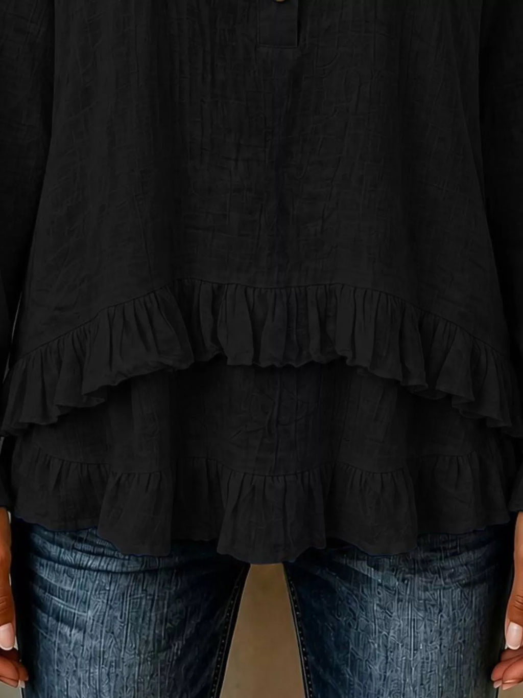 V-Neck Long Sleeve Button Detail Ruffled Hem Blouse