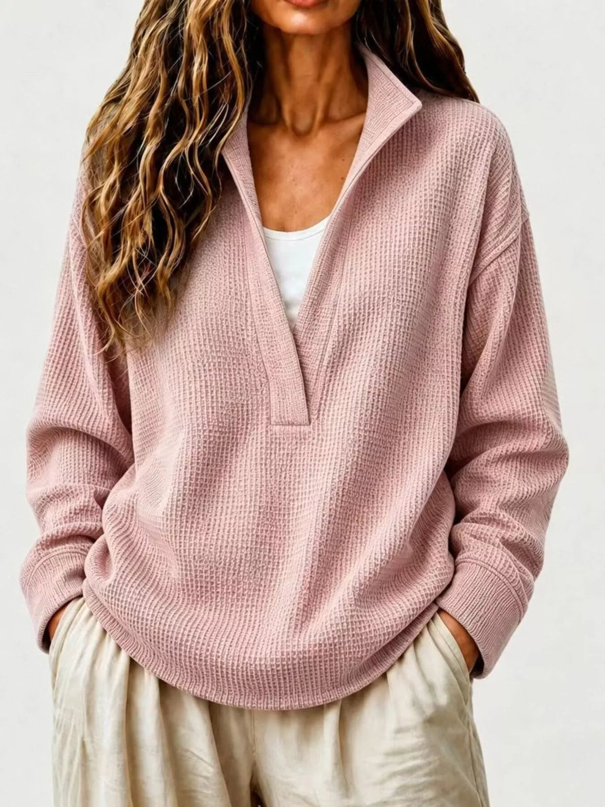 Full Size Waffle Knit Dropped Shoulder Sweatshirt Plus Size - Dusty Pink