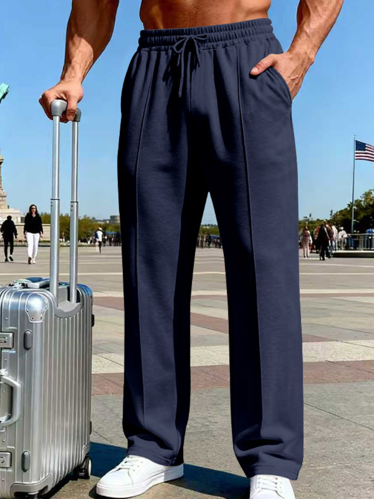 Men's Full Size Drawstring Wide Leg Pants Plus Size - Navy Blue