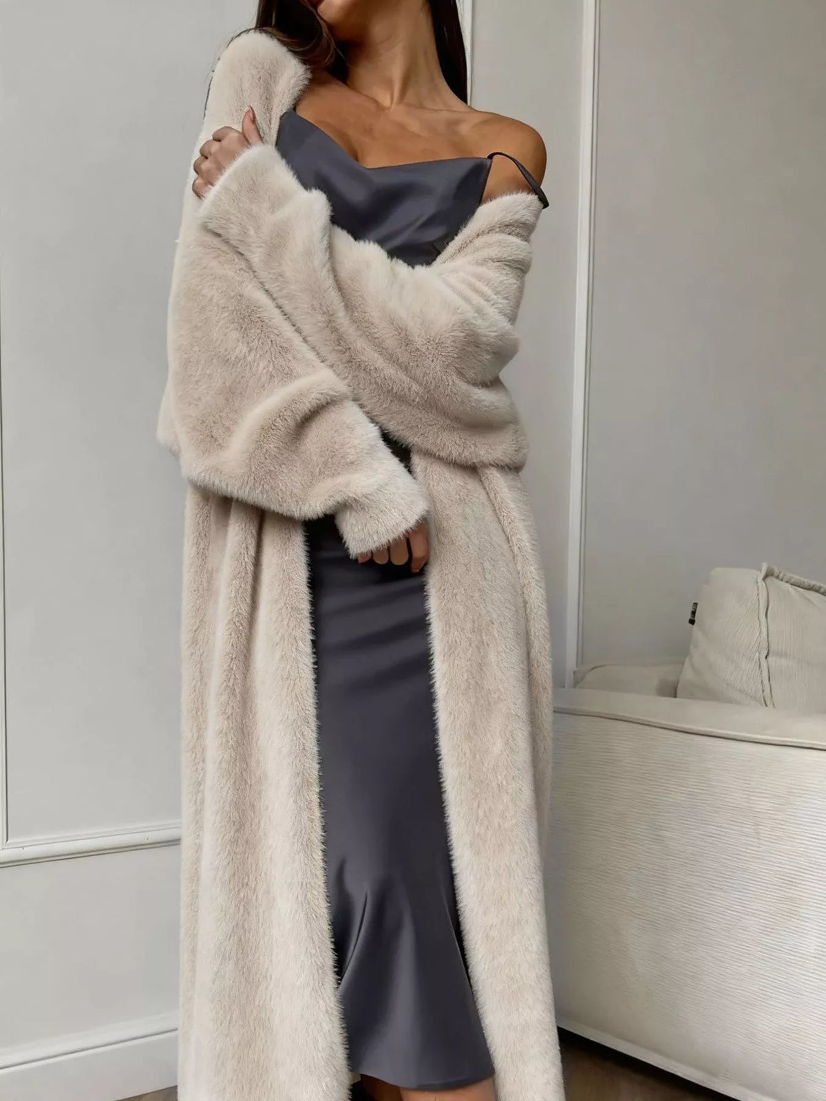 Fuzzy Open Front Longline Cardigan - Tan