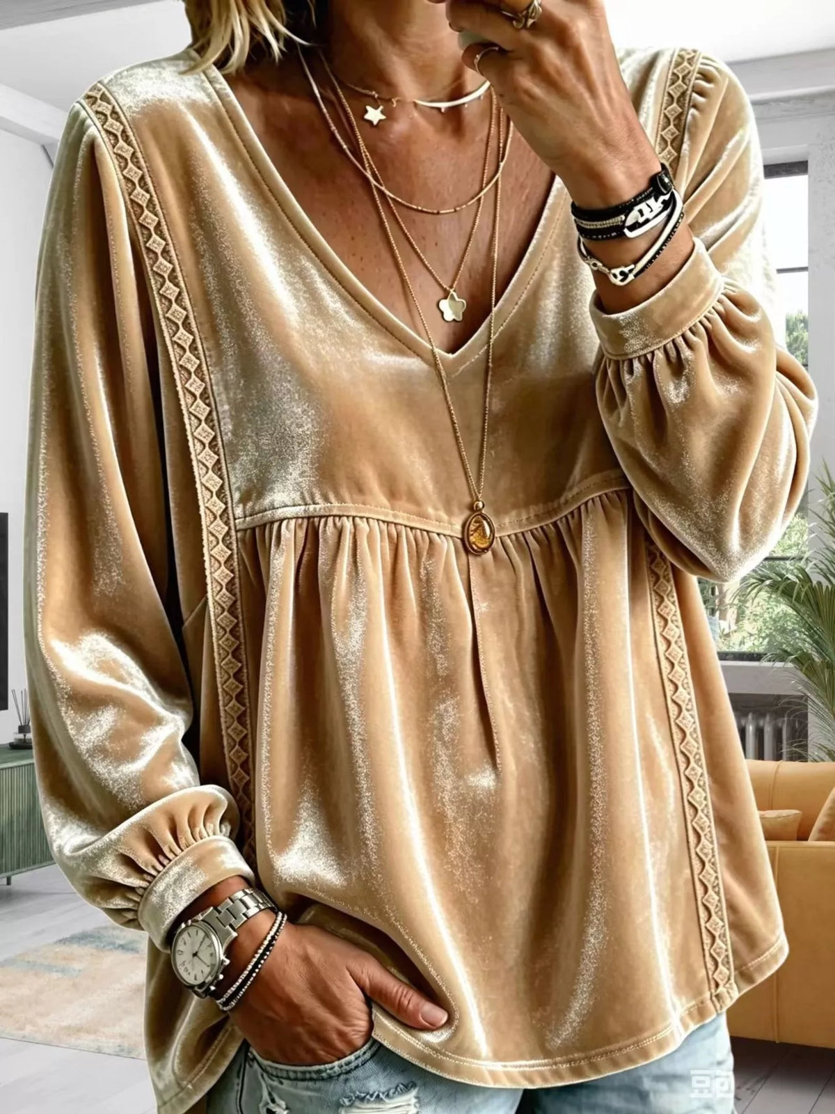 Full Size Velvet Lace Detail V-Neck Blouse Plus Size - Gold