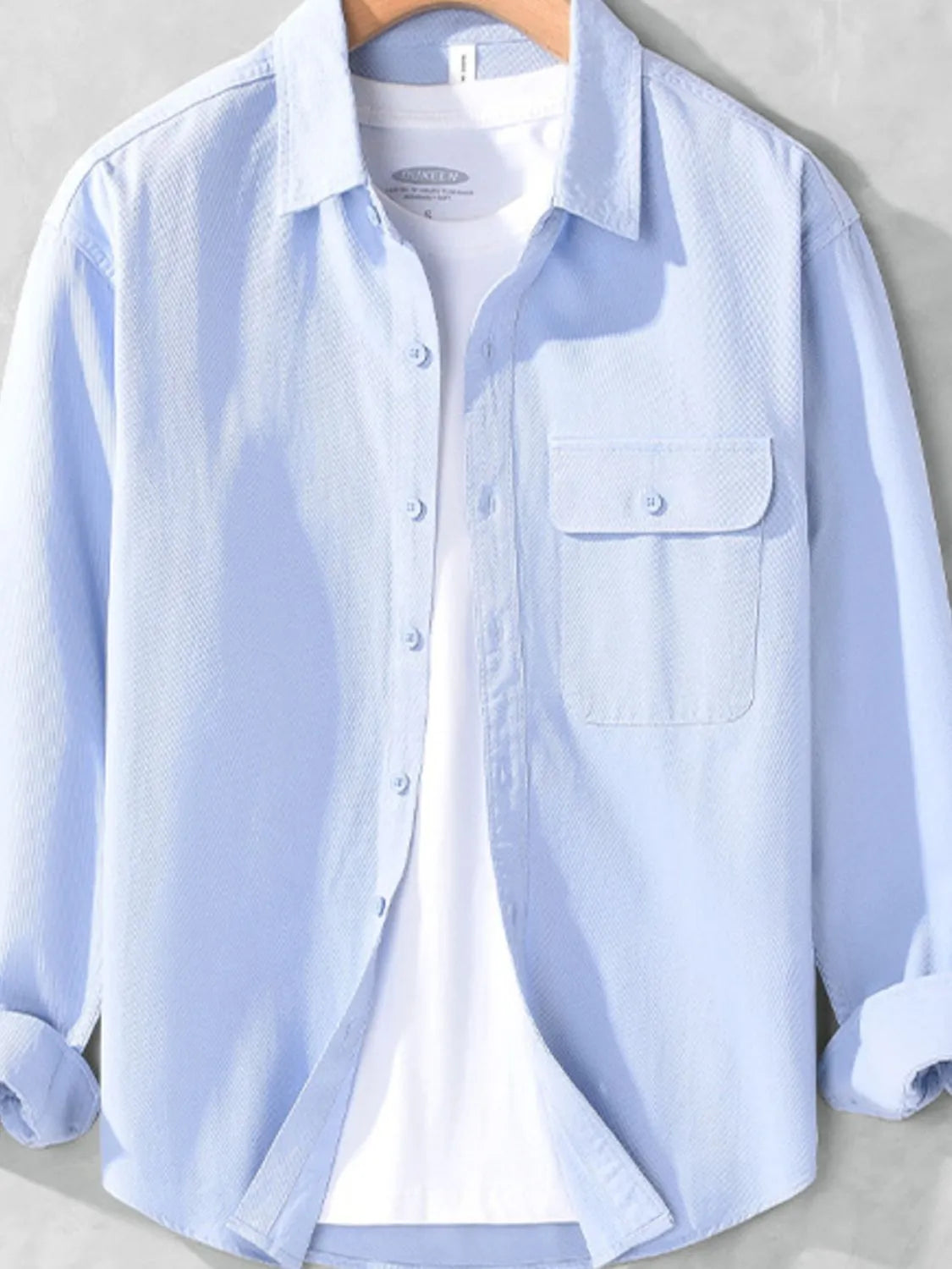 Men's Plus Size Casual Button-Down Shirt with Chest Pocket - Light Blue