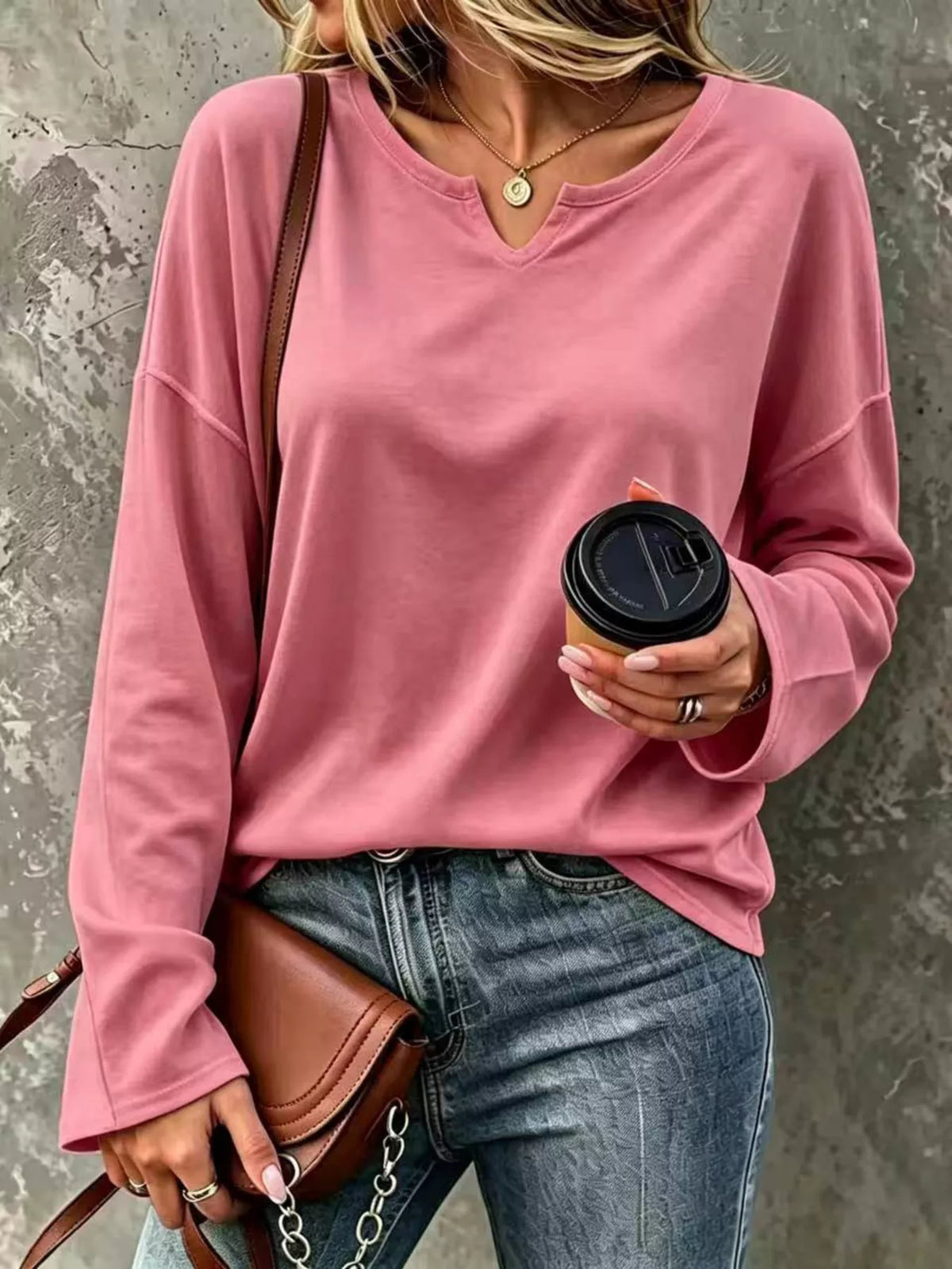 Full Size Solid Color Long Sleeve Loose T-Shirt Plus Size - Dusty Pink