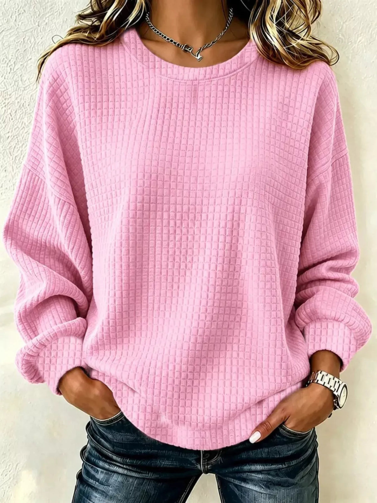 Full Size Waffle Knit Long Sleeve Crew Neck Sweatshirt Plus Size - Pink