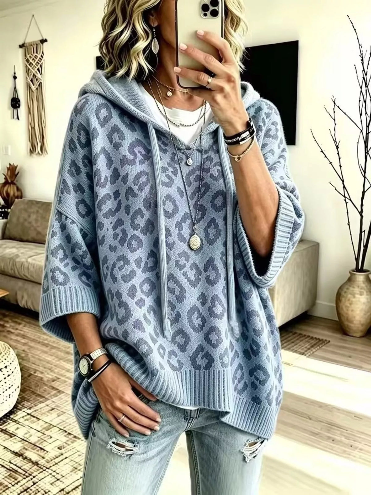 Drawstring Leopard Hooded Sweater - Dusty Blue