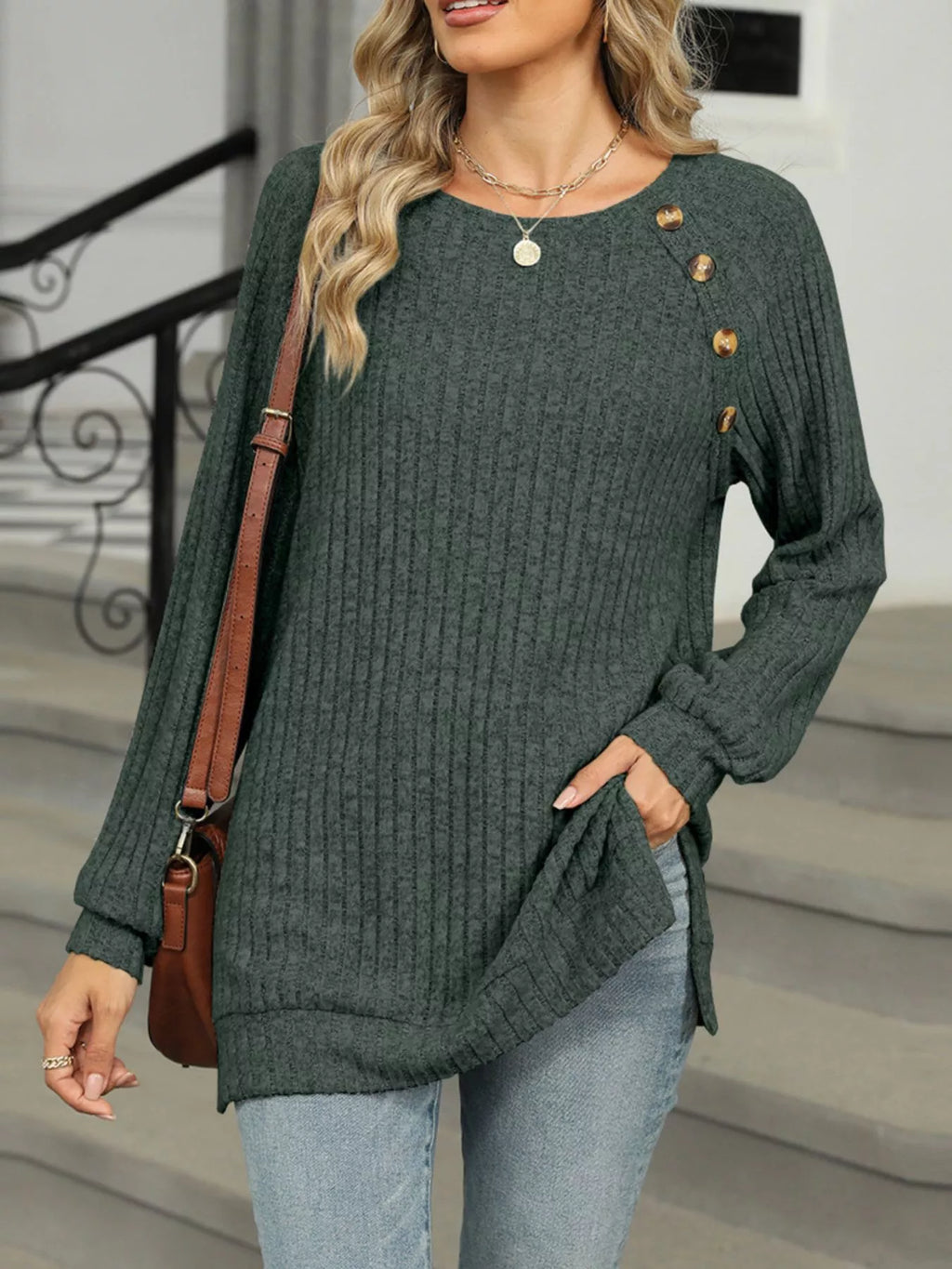 Round Neck Side Slit Ribbed Knit Top with Asymmetric Button Detail