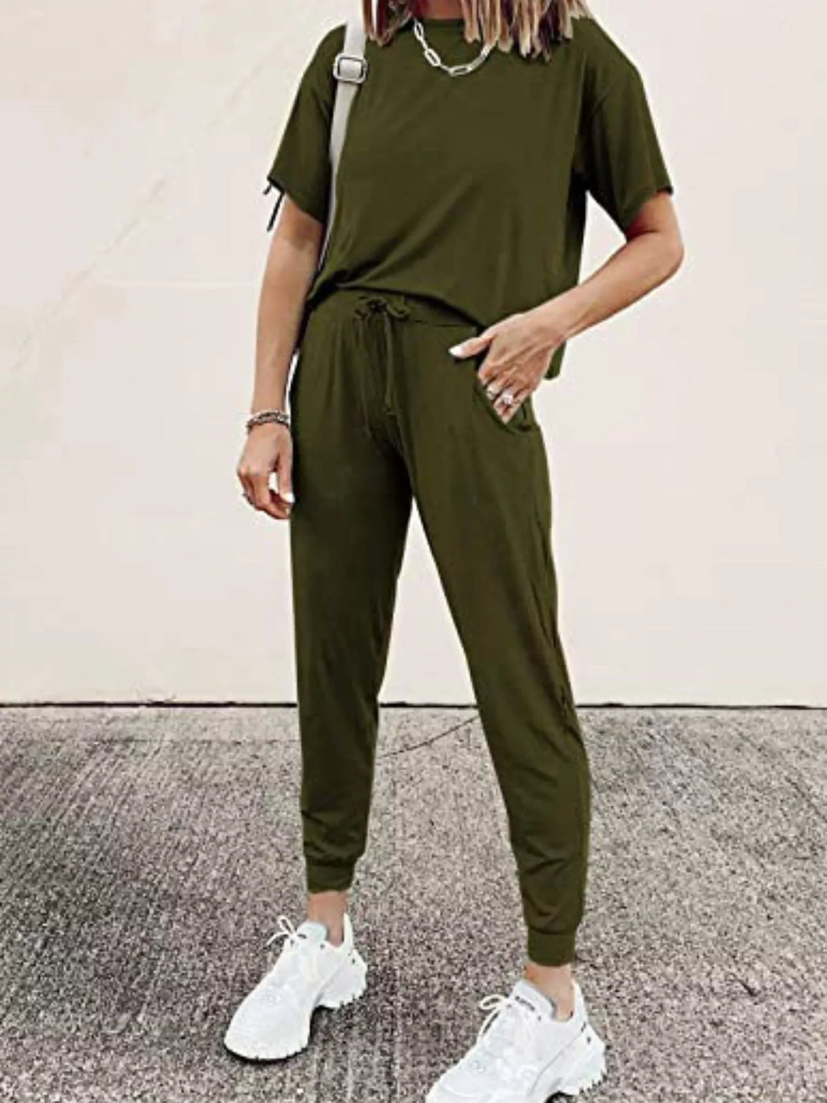 Full Size Round Neck Top and Drawstring Pants Set Plus Size - Army Green