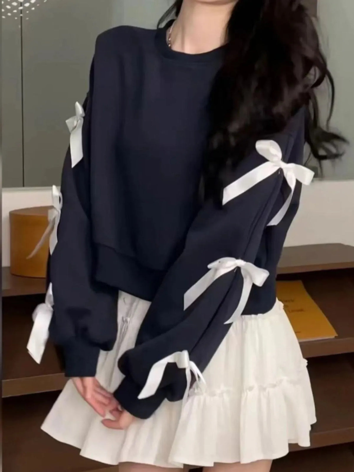 Bow-Detailed Sleeve Round Neck Sweatshirt