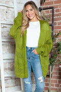 Openwork Open Front Long Sleeve Cardigan - Matcha Green