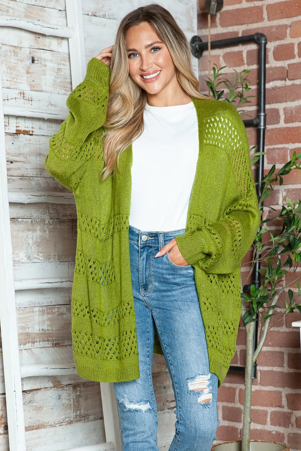 Openwork Open Front Long Sleeve Cardigan - Matcha Green