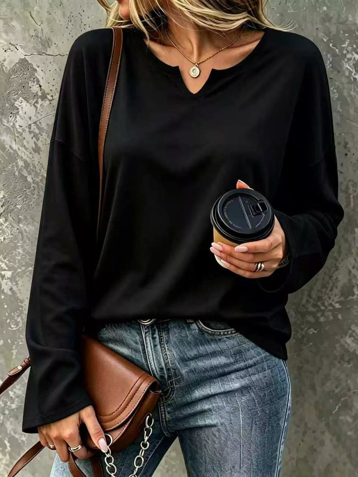 Full Size Solid Color Long Sleeve Loose T-Shirt Plus Size - Black