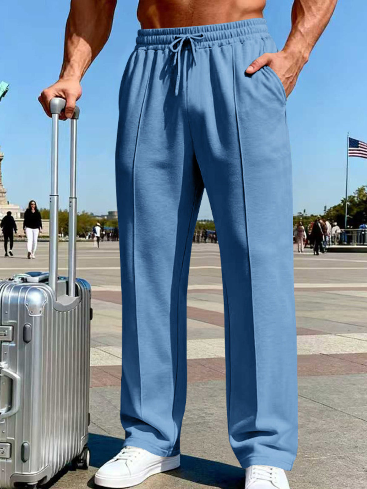 Men's Full Size Drawstring Wide Leg Pants Plus Size - Denim Blue