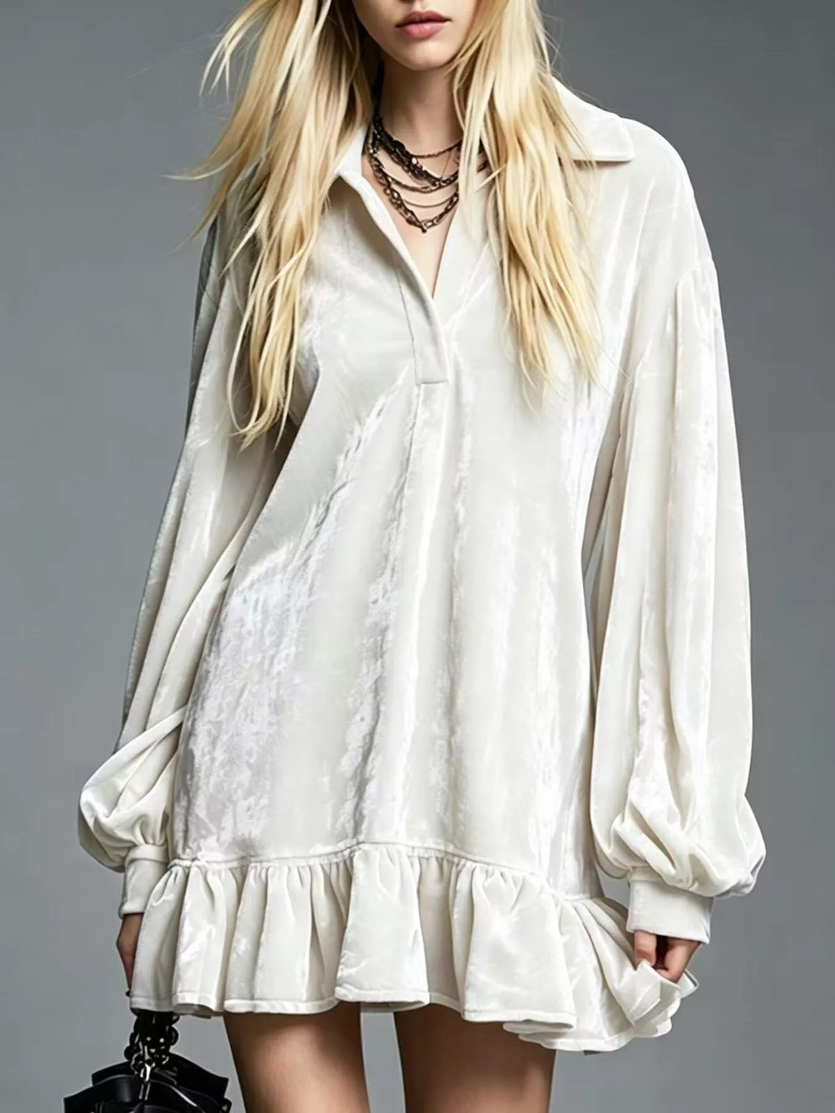 Full Size Velvet Long-Sleeve Ruffle Hem Mini Dress Plus Size - White