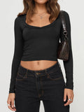 Scoop Neck Long Sleeve Cropped T-Shirt - Black