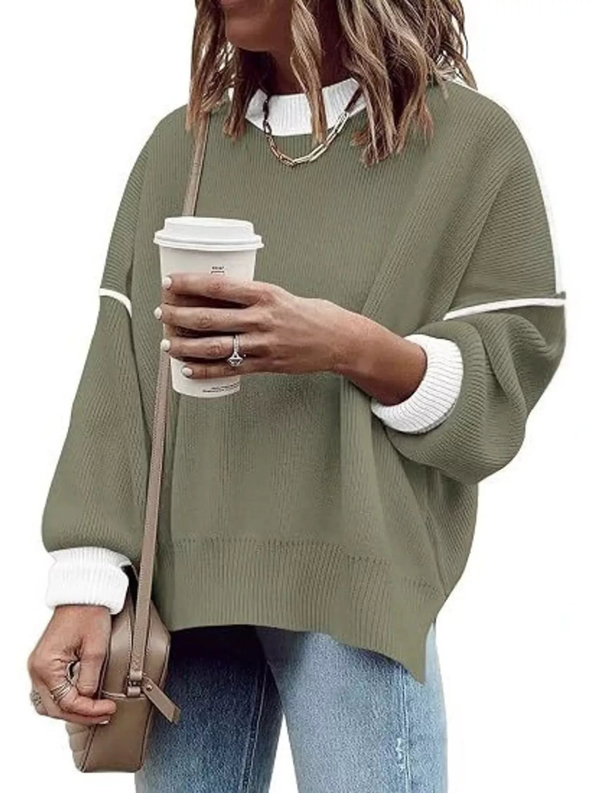 Round Neck Dropped Shoulder Sweater - Military Green