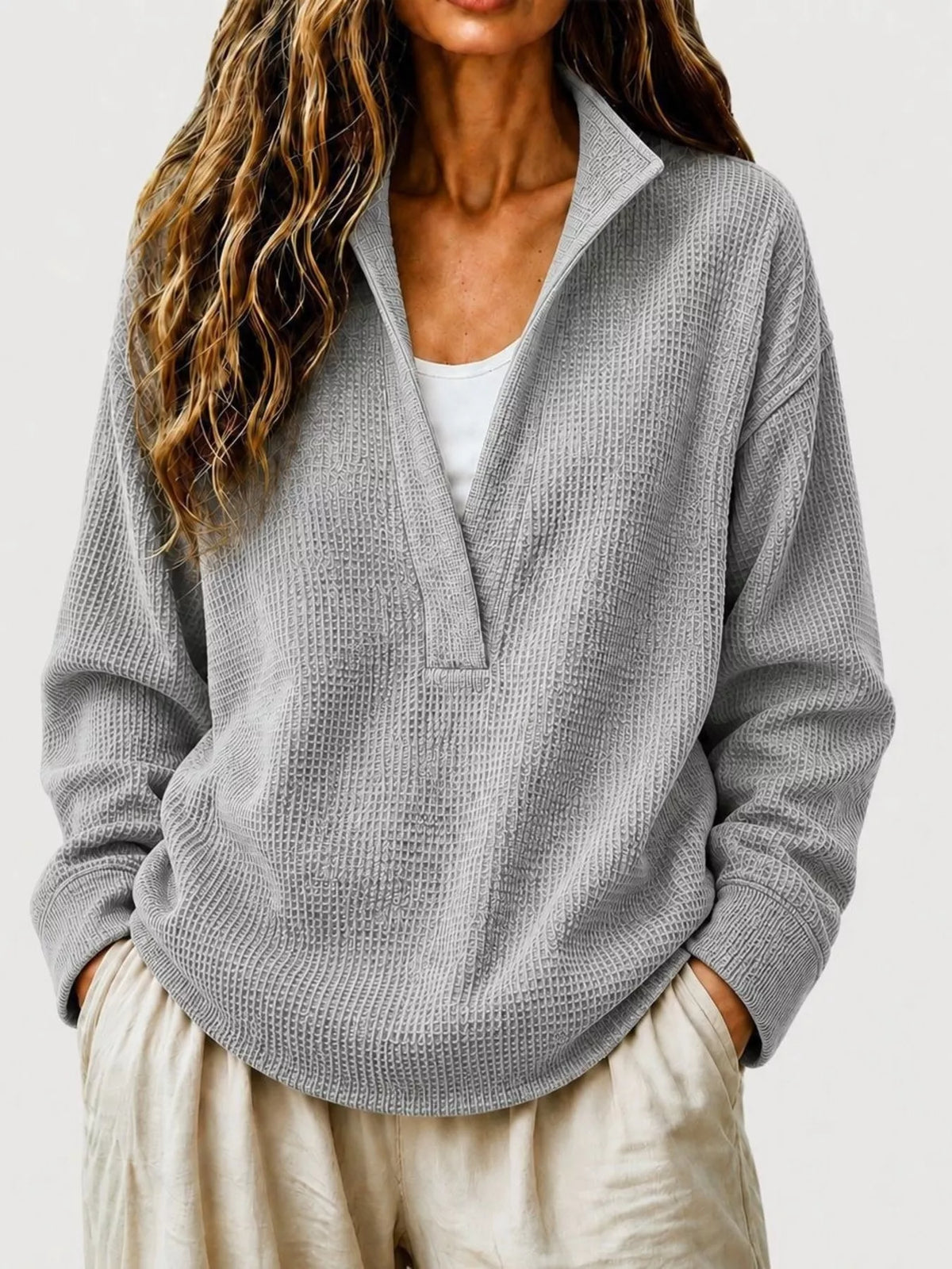 Full Size Waffle Knit Dropped Shoulder Sweatshirt Plus Size - Gray