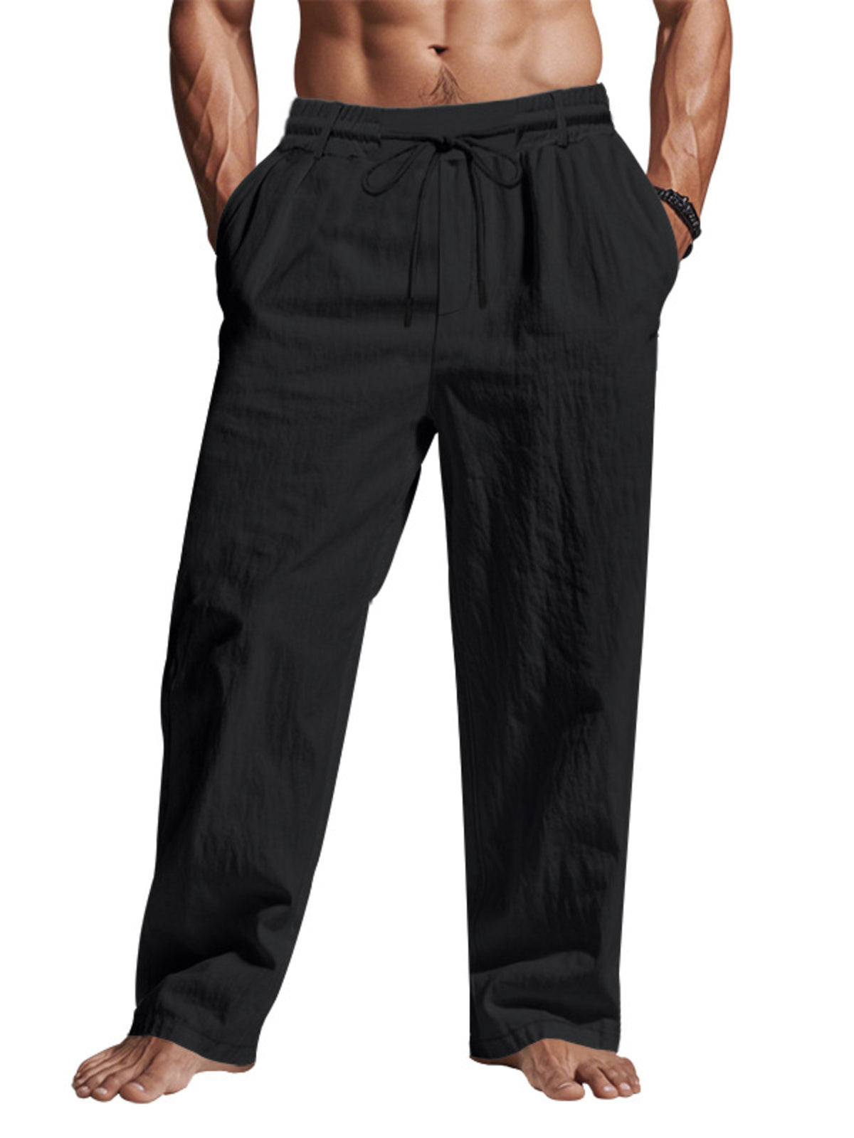 Men's Full Size Drawstring Elastic Waist Loose Fit Pants Plus Size - Black