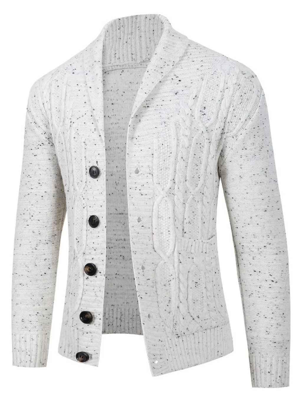 Men's Plus Size Speckled Cable Knit Shawl Collar Cardigan - White