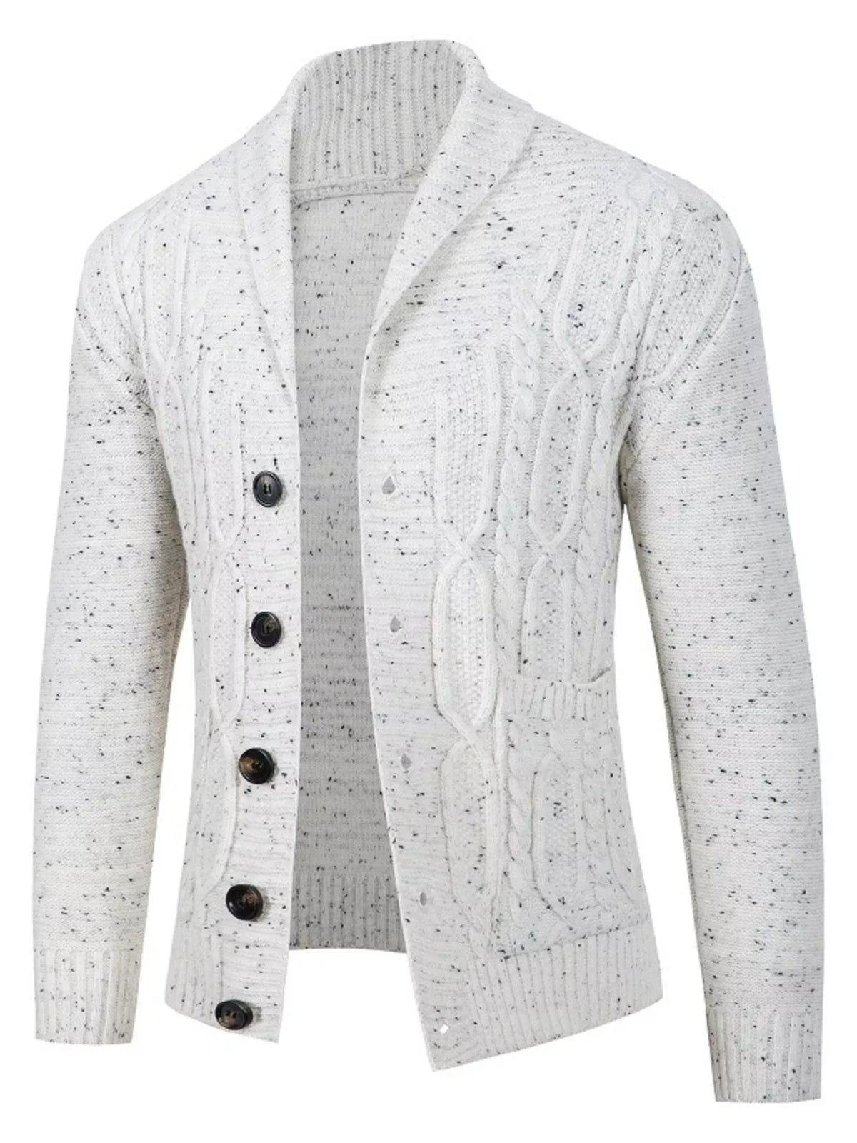 Men's Plus Size Speckled Cable Knit Shawl Collar Cardigan - White