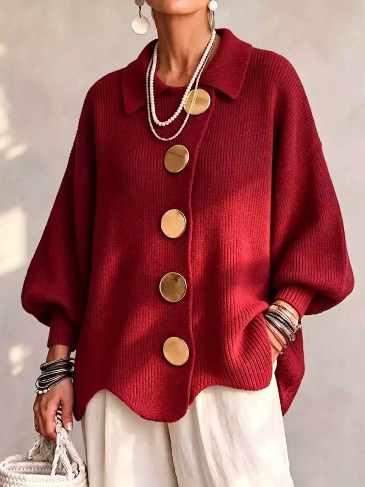 Full Size Gold Buttons Lantern Sleeve Cardigan Plus Size - Red