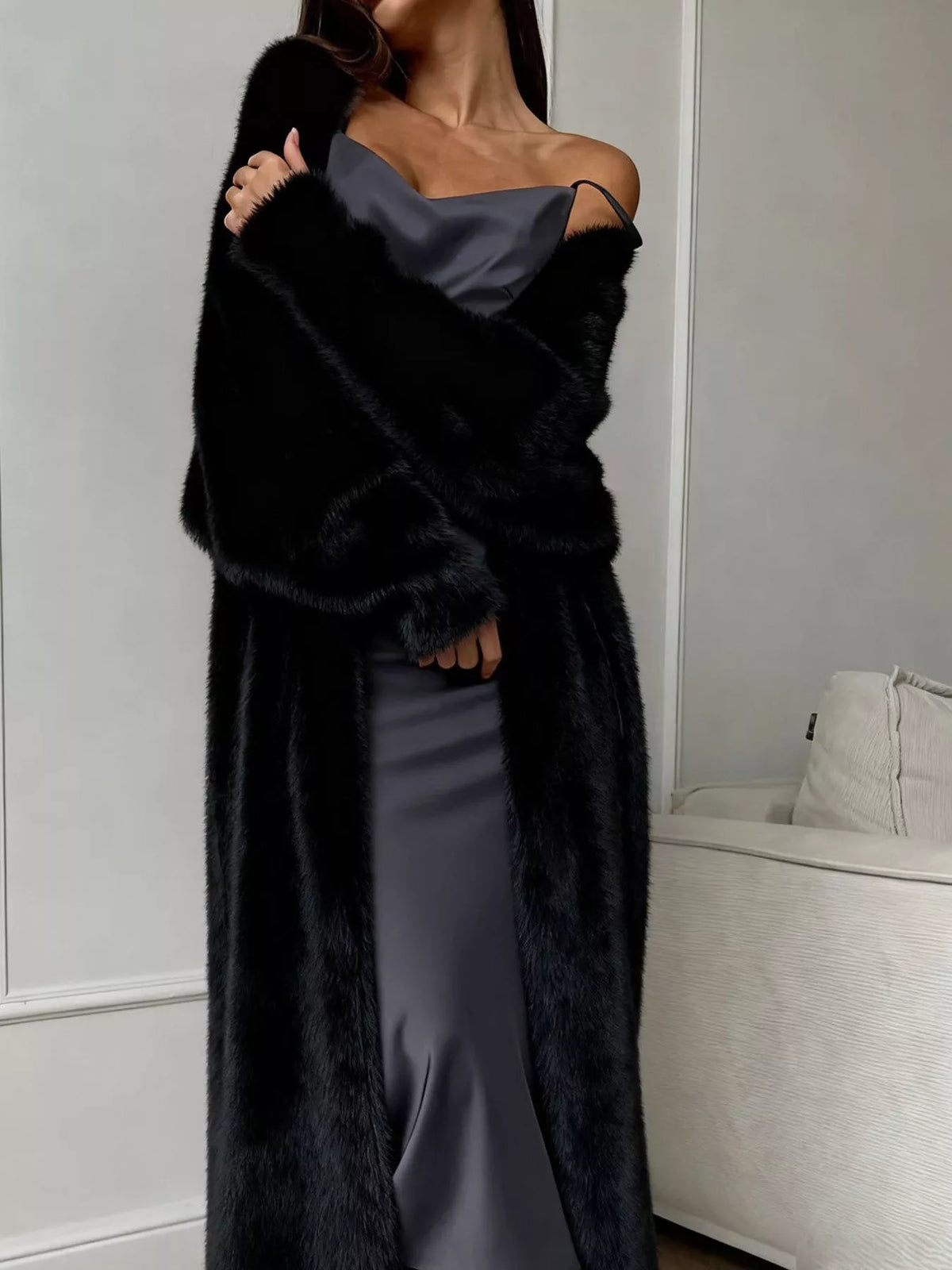 Fuzzy Open Front Longline Cardigan - Black