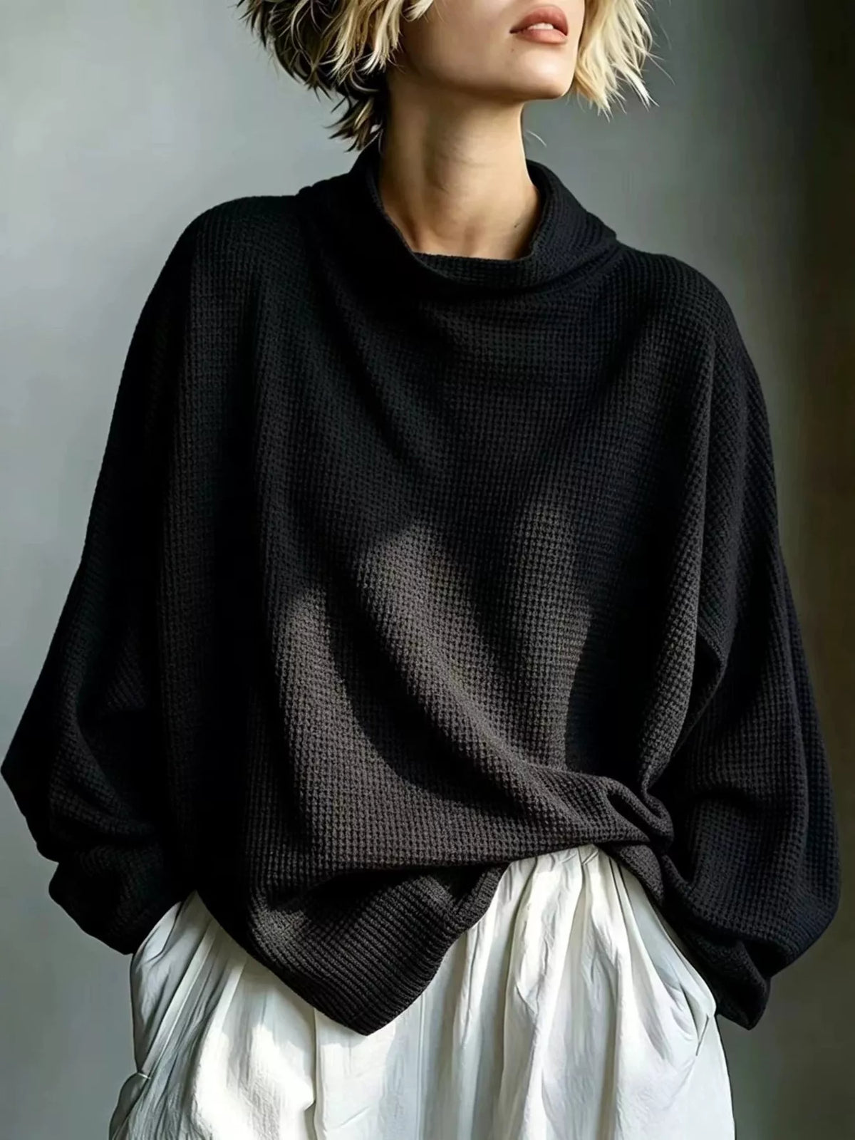 Full Size Oversized Waffle Knit Mock Neck T-Shirt Plus Size - Black