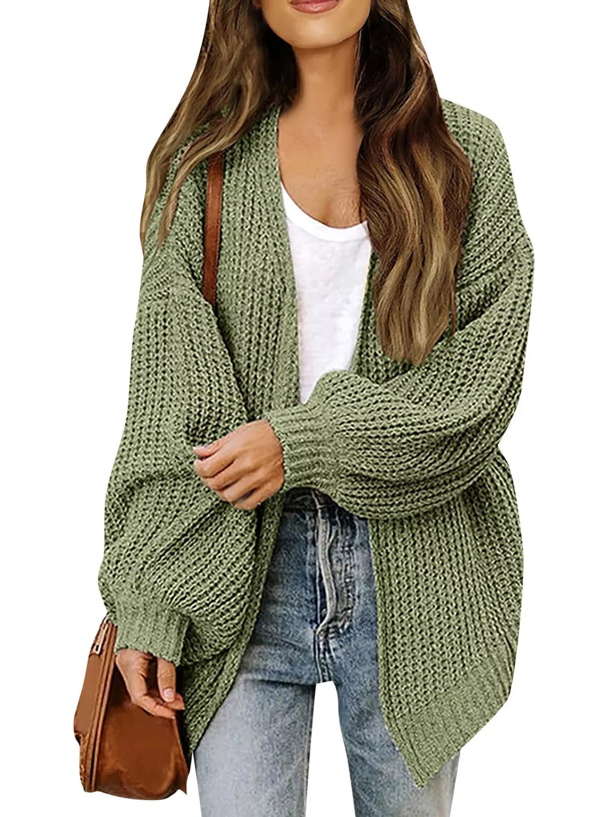 Open-Front Chunky Knit Cardigan - Green