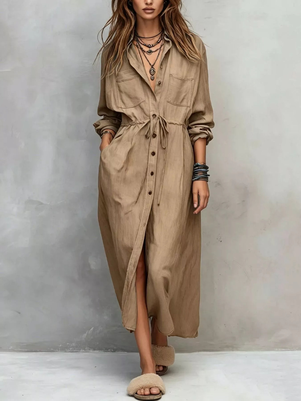 Full Size Button Front Long Sleeve Shirt Dress Plus Size - Camel