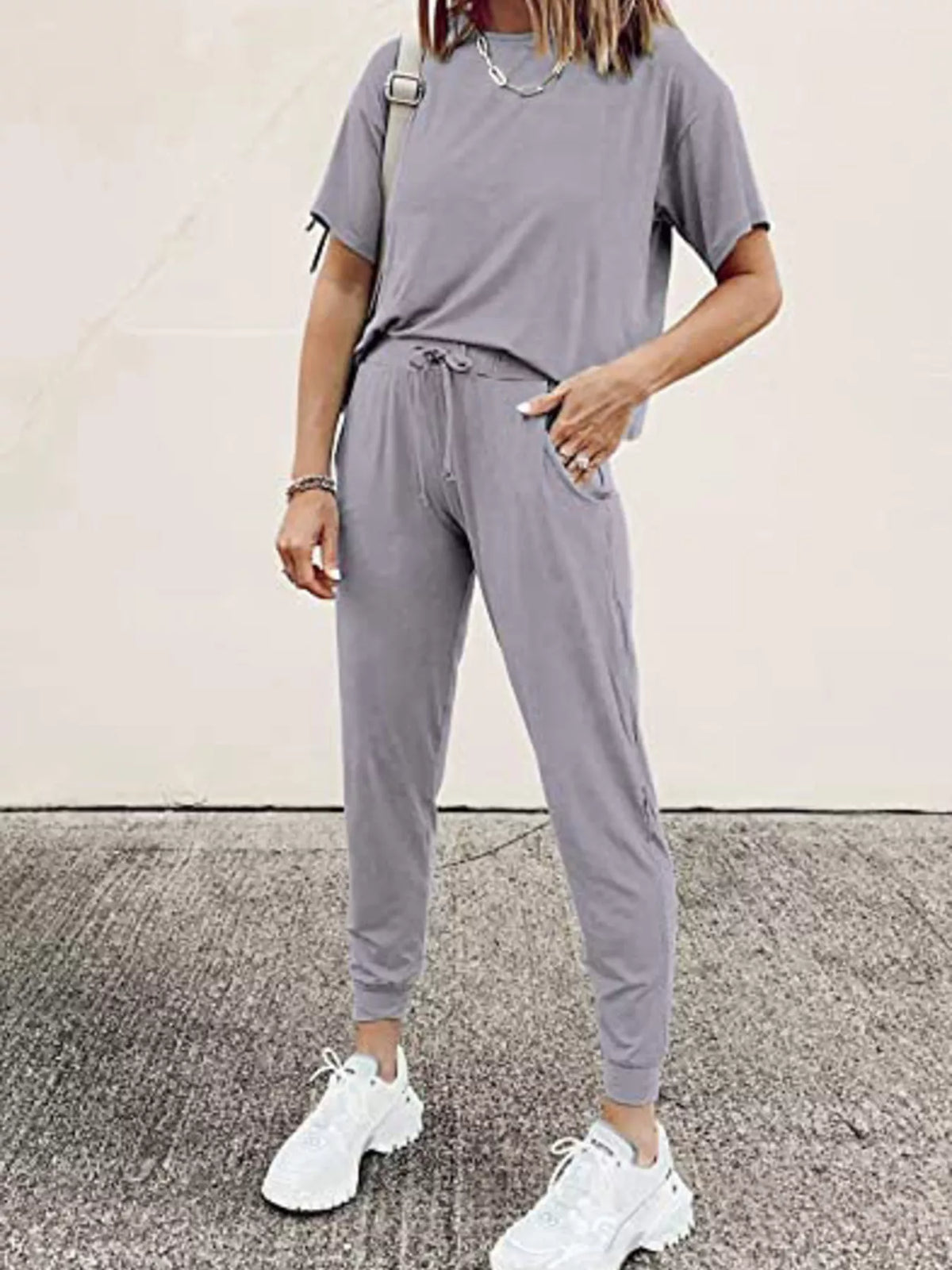 Full Size Round Neck Top and Drawstring Pants Set Plus Size - Grey