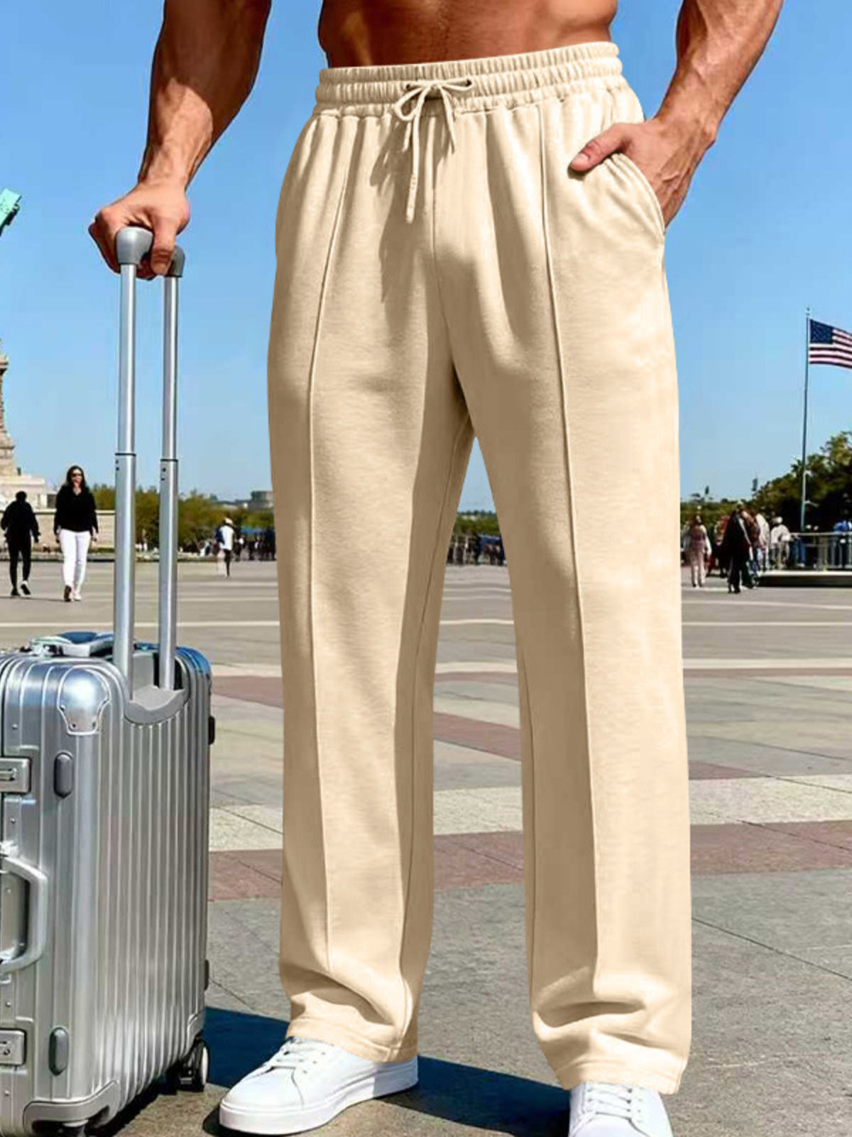 Men's Full Size Drawstring Wide Leg Pants Plus Size - Apricot