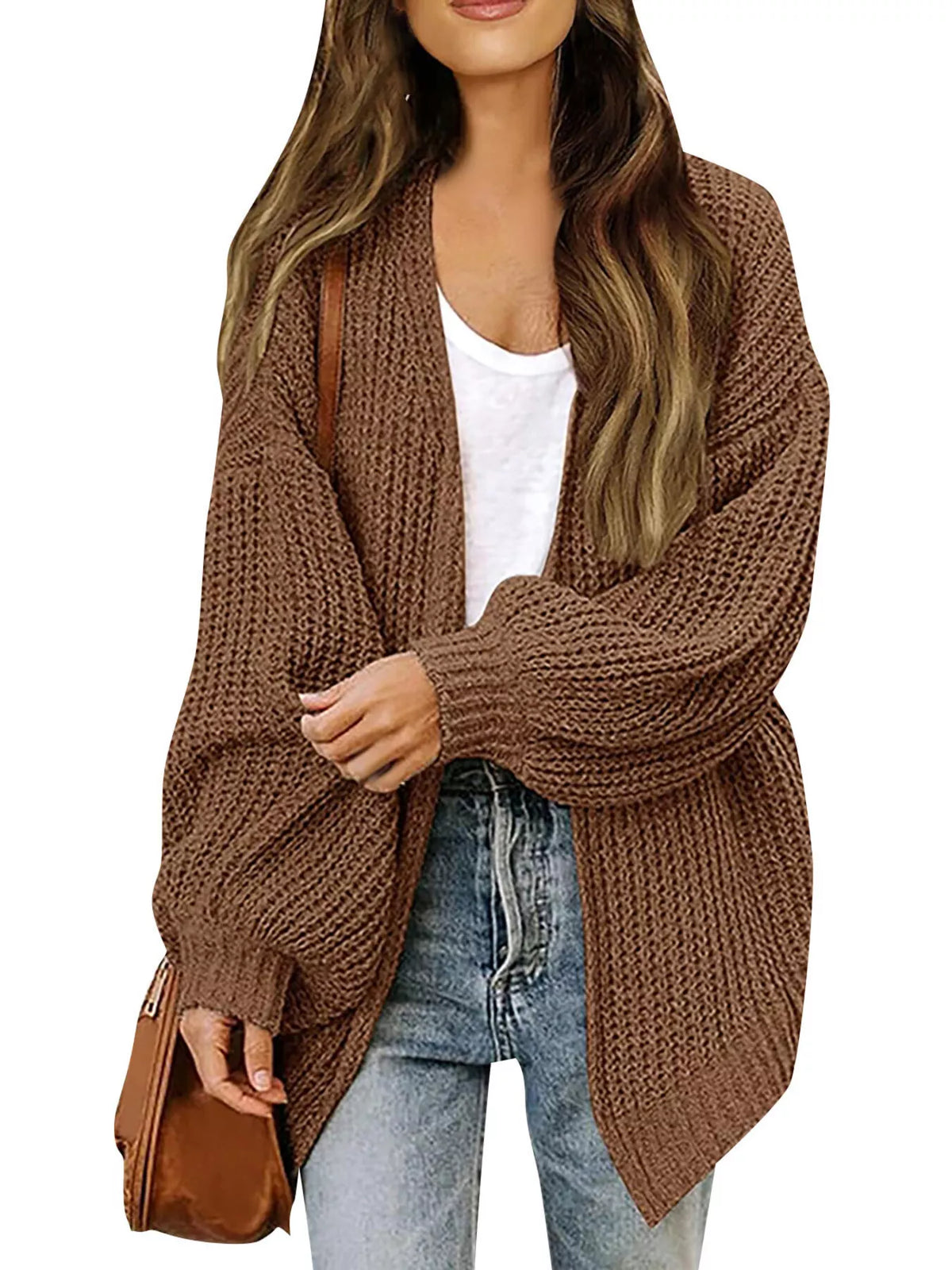 Open-Front Chunky Knit Cardigan - Brown