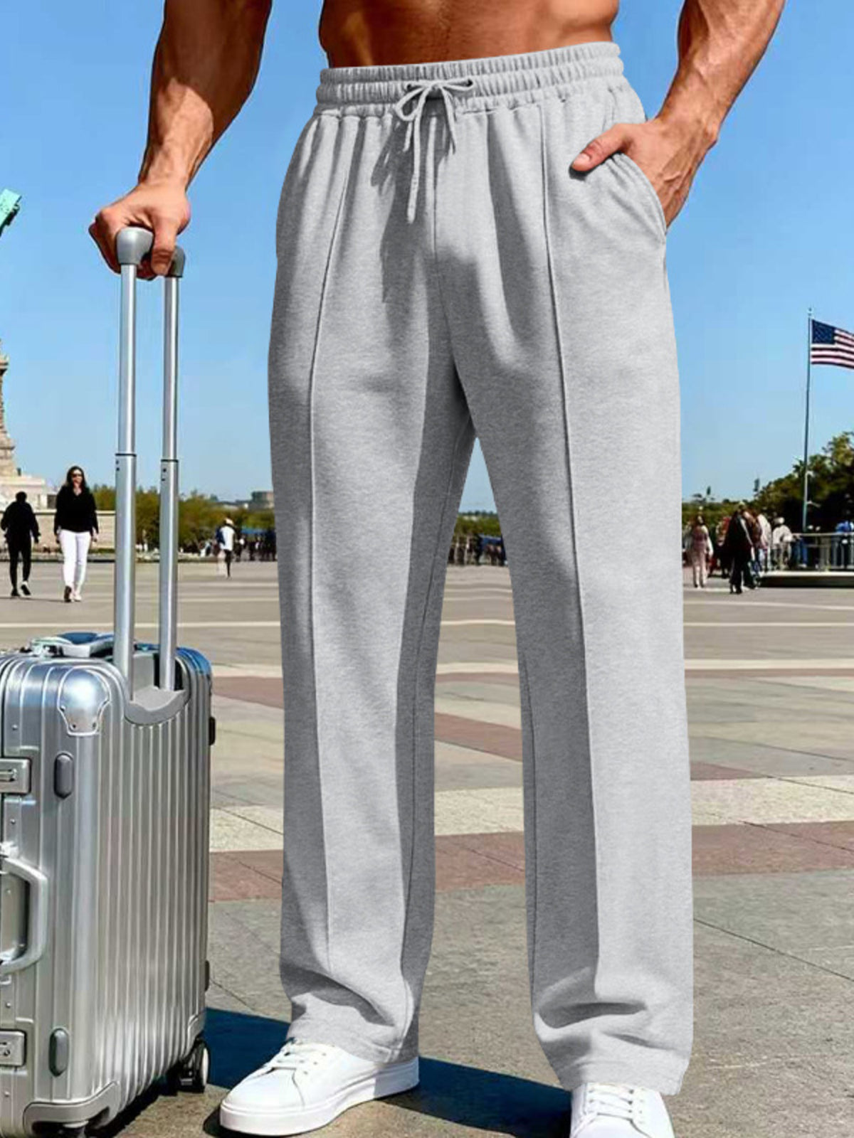 Men's Full Size Drawstring Wide Leg Pants Plus Size - Light Gray