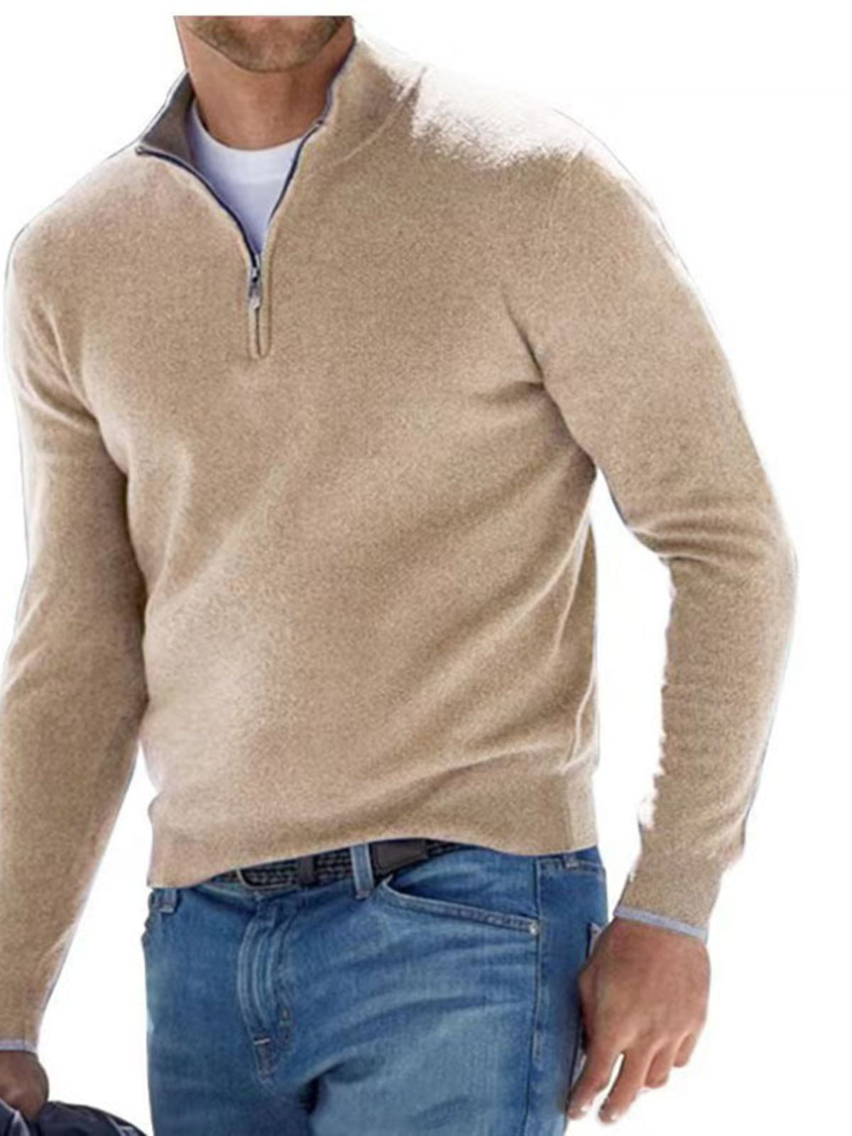 Men's Full Size Quarter-Zip Long Sleeve Sweater Plus Size - Khaki