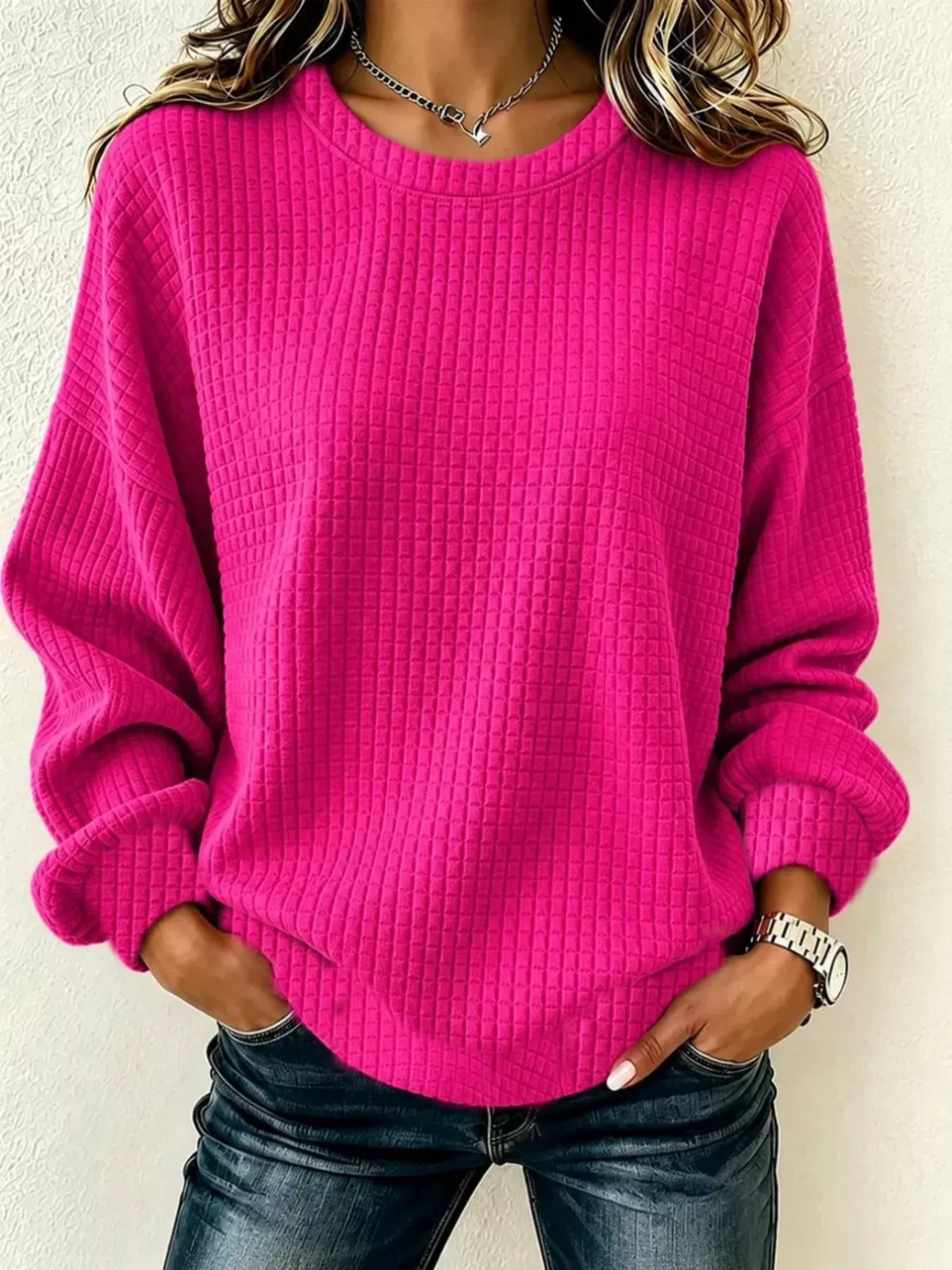 Full Size Waffle Knit Long Sleeve Crew Neck Sweatshirt Plus Size - Rose Red