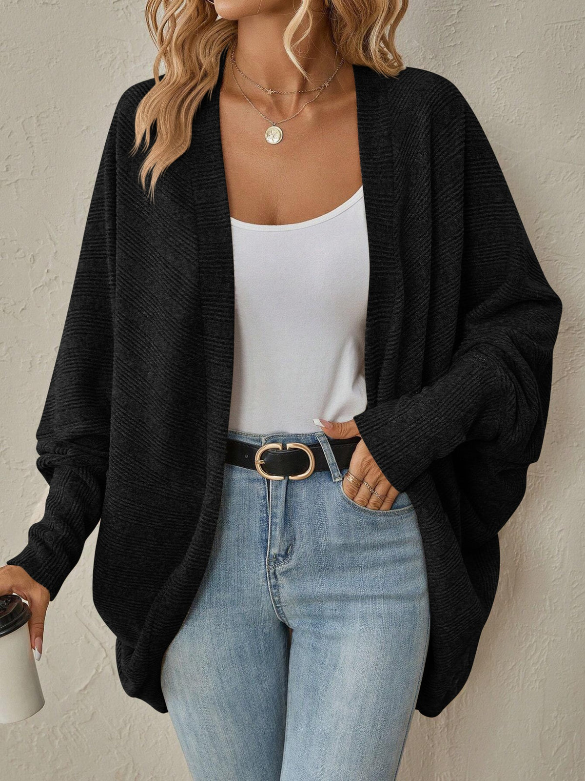Open Front Batwing Sleeve Cardigan - Black
