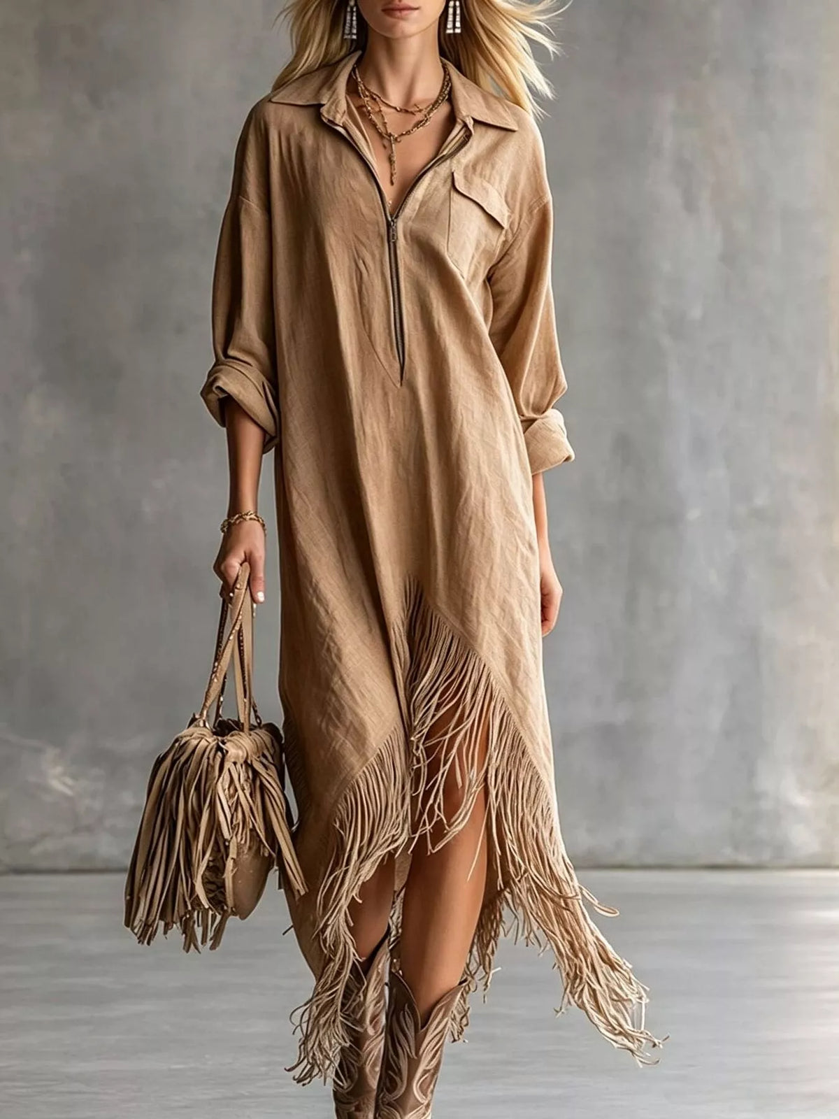 Fringe Hem Zip-Up Shirt Dress - Camel