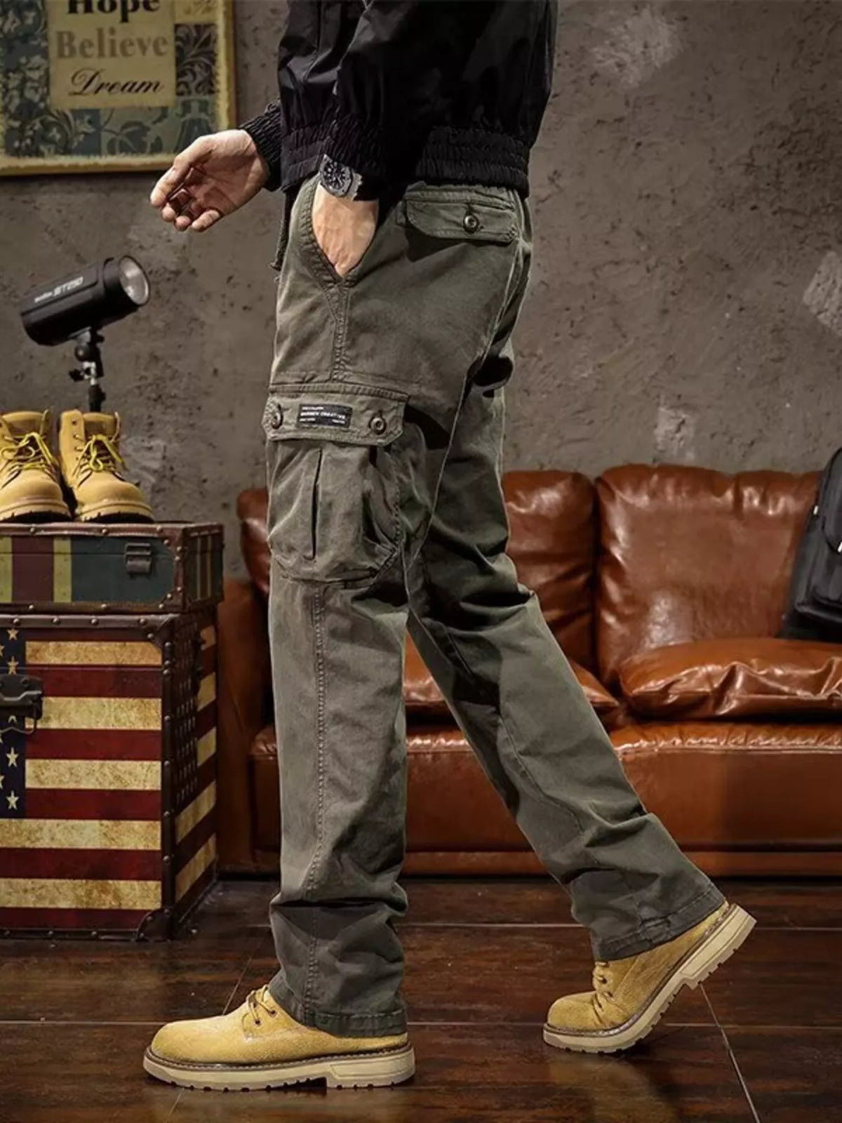 Men's Plus Size Multi-Pocket Cargo Pants - Green