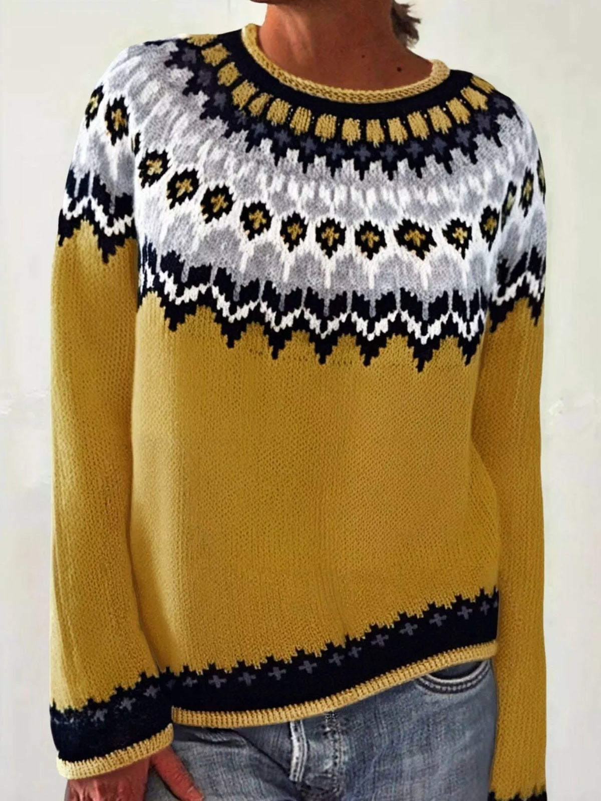 Full Size Vintage Patterned Round Neck Sweater Plus Size - Mustard
