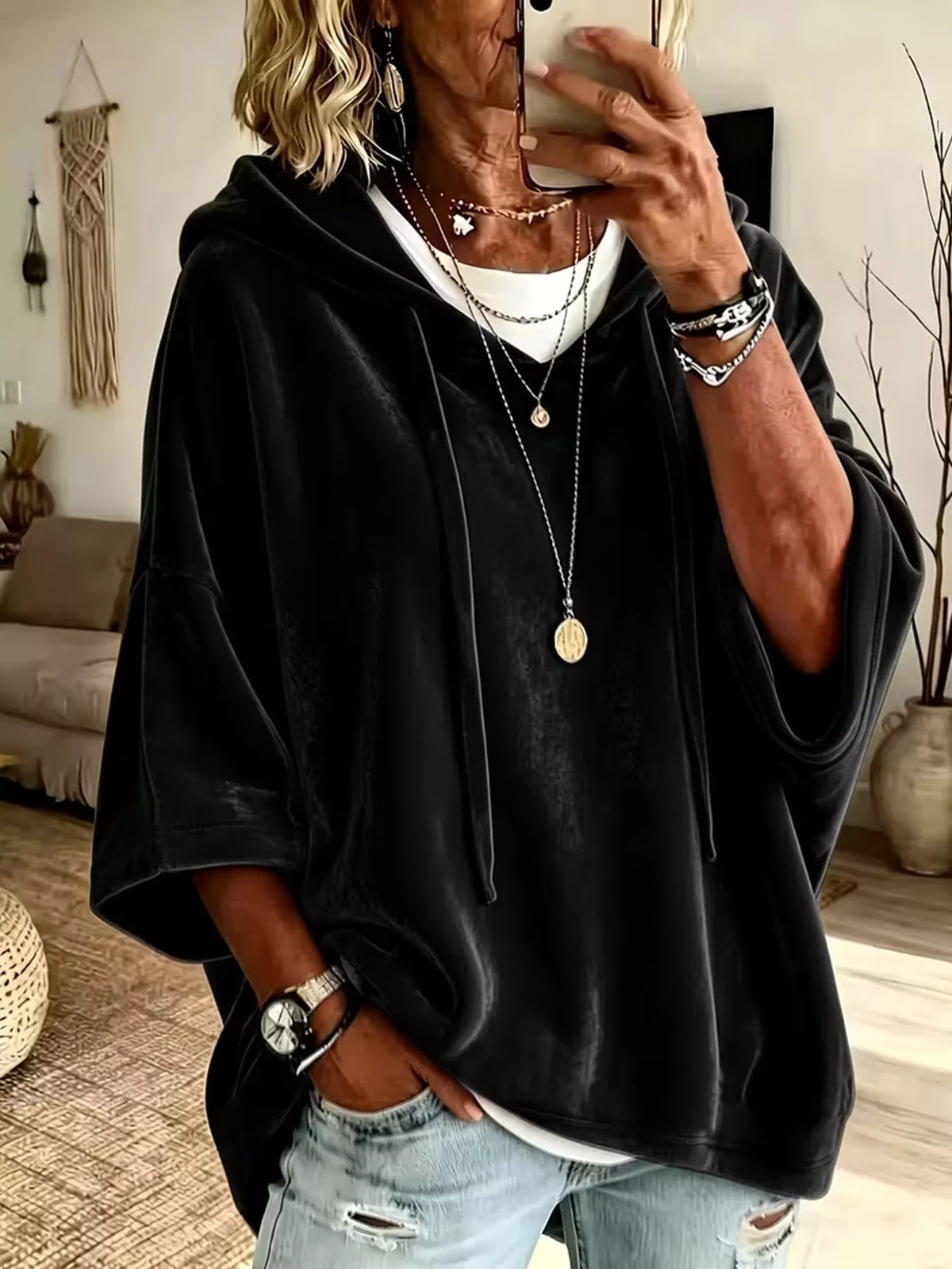 Velvet Loose Fit Hoodie with Drawstring - Black