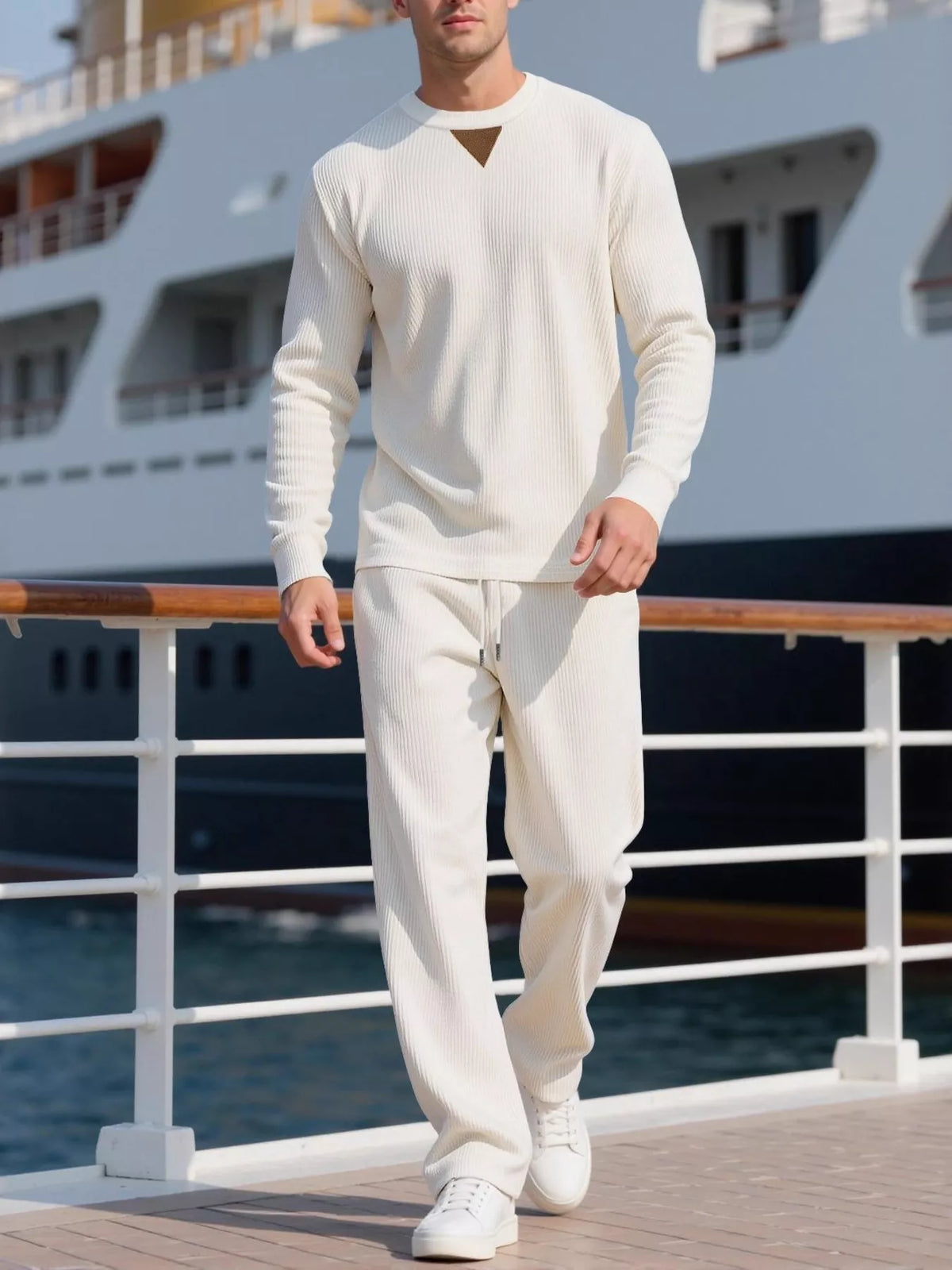 Men's Full Size Casual Crewneck Long Sleeve Sweatshirt and Jogger Set Plus Size - White
