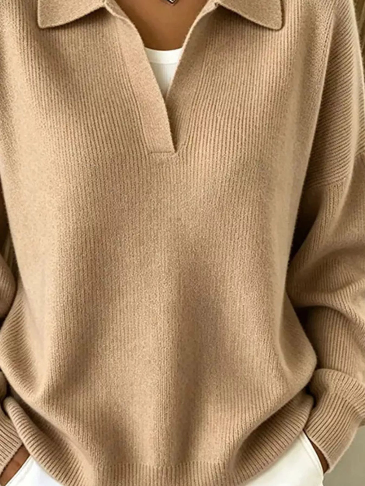 Ribbed Knit Polo Collar Sweater - Camel
