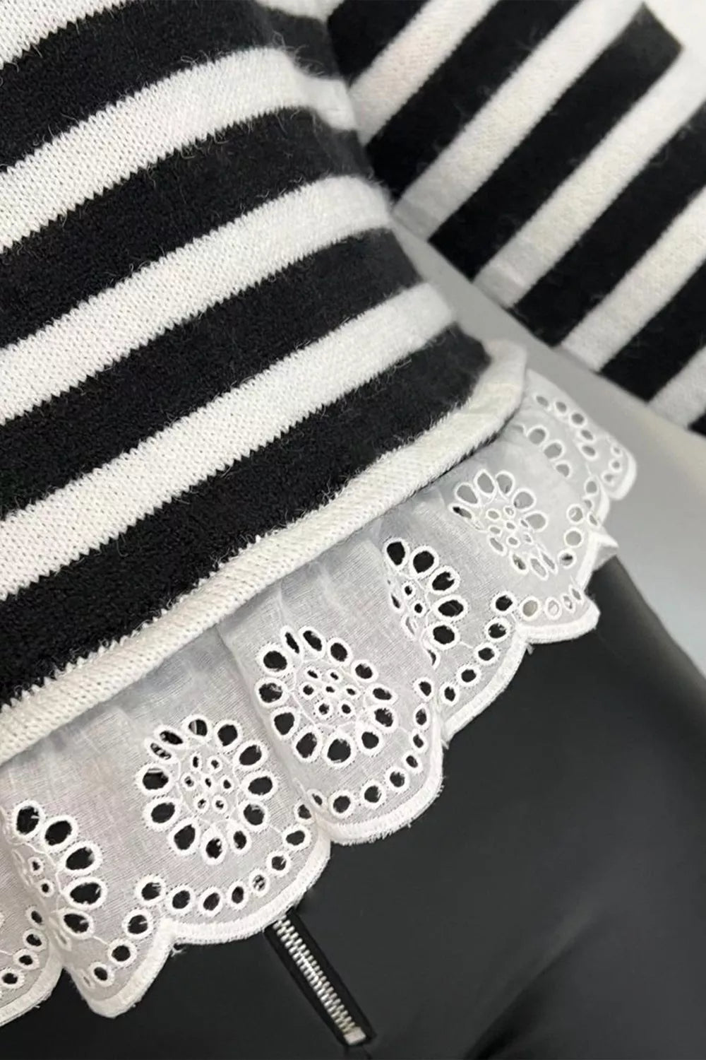 Striped High Neck Contrast Ruffle Detail Casual Sweater