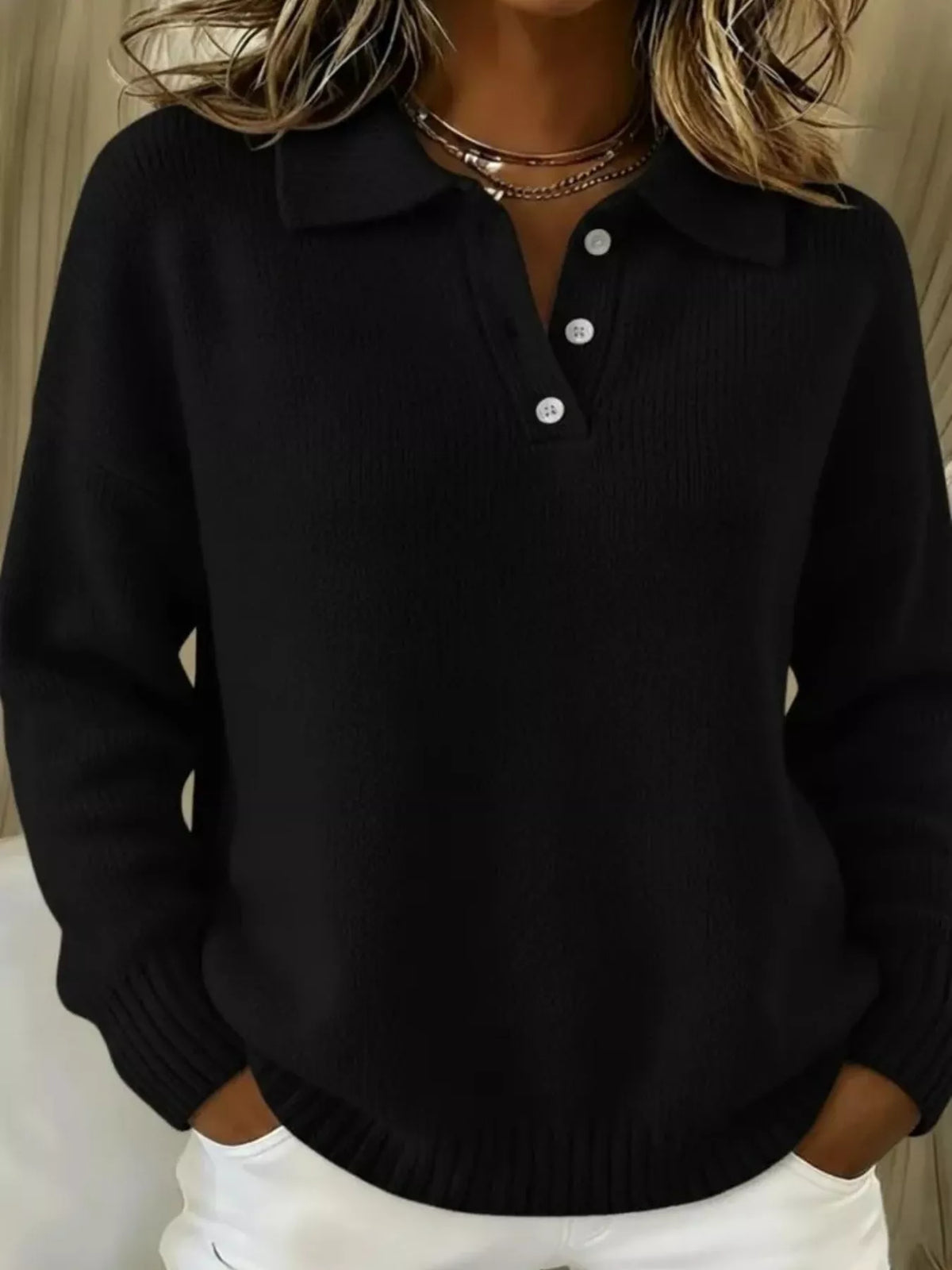 Full Size Button Detail Dropped Shoulder Sweater Plus Size - Black